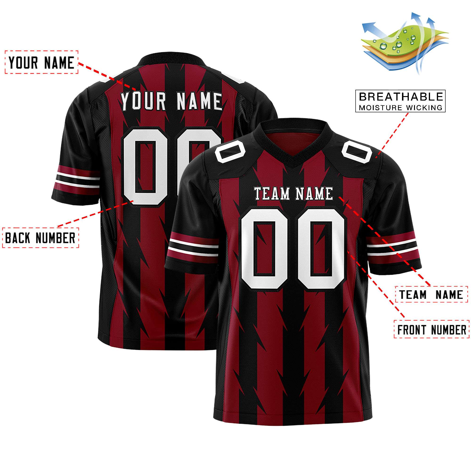 Custom Crimson Black Personalized Razr Stripe Graffiti Pattern Flag Football Jersey