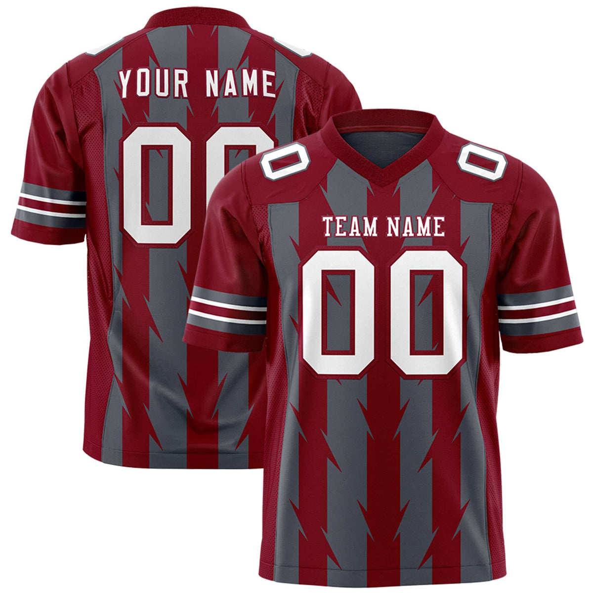 Custom Dark Gray Crimson Personalized Razr Stripe Graffiti Pattern Flag Football Jersey