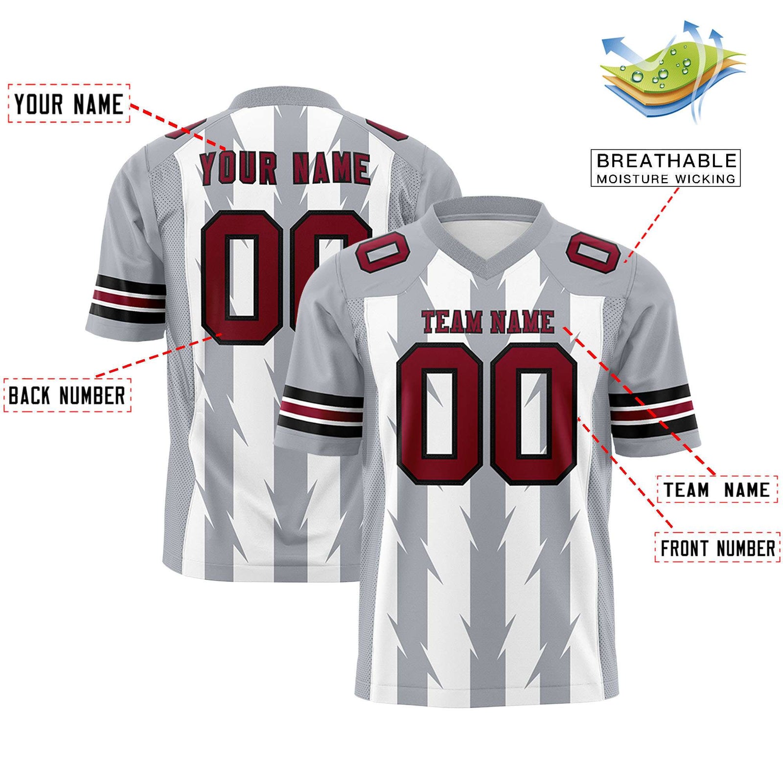 Custom White Gray Personalized Razr Stripe Graffiti Pattern Flag Football Jersey