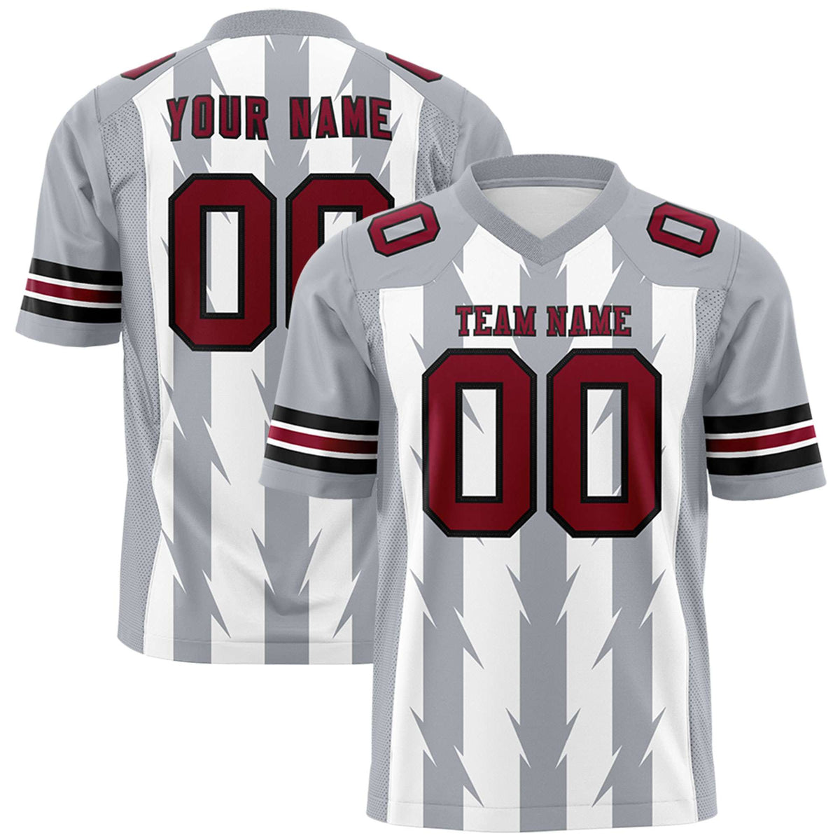 Custom White Gray Personalized Razr Stripe Graffiti Pattern Flag Football Jersey