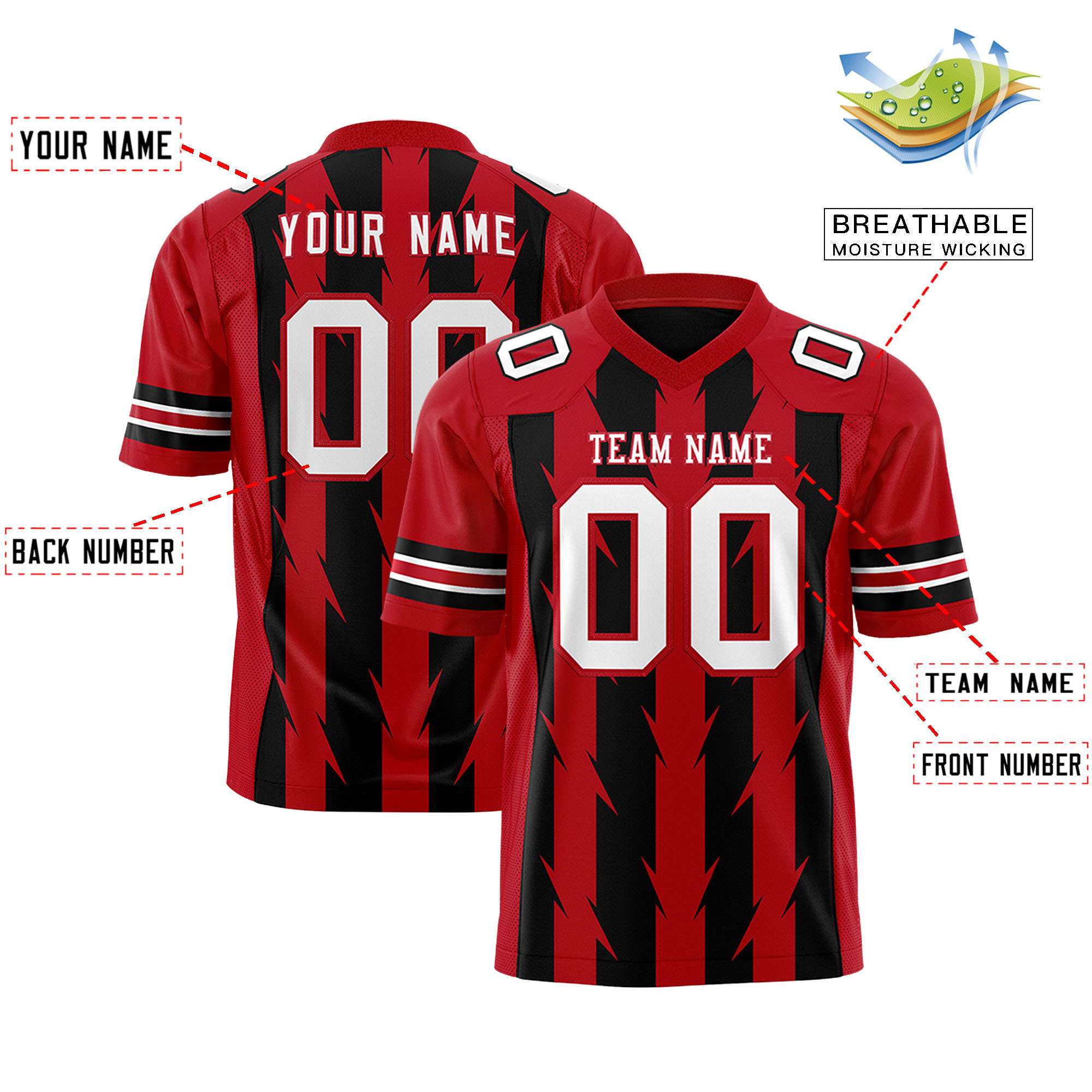 Custom Black Red Personalized Razr Stripe Graffiti Pattern Flag Football Jersey