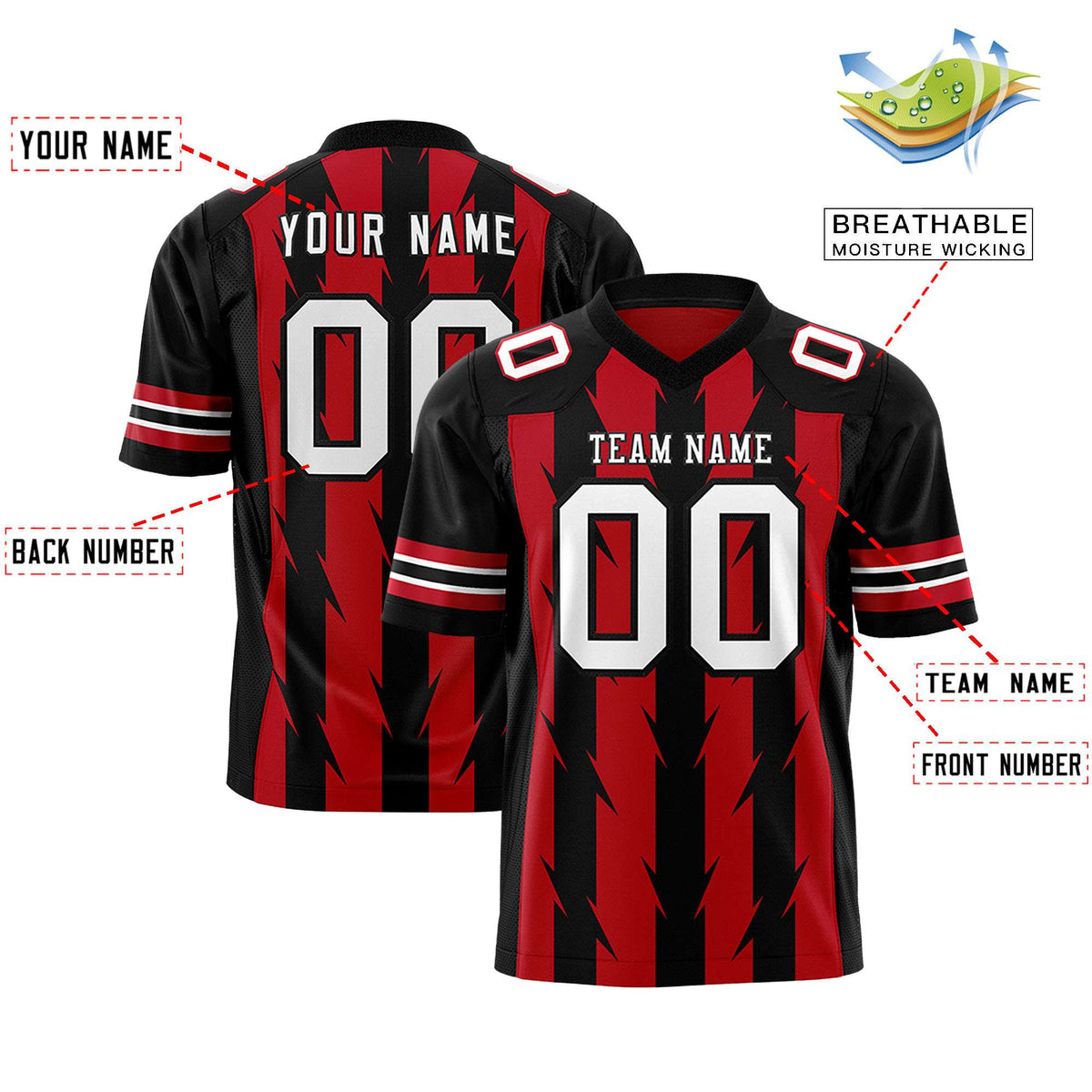 Custom Red Black Personalized Razr Stripe Graffiti Pattern Flag Football Jersey