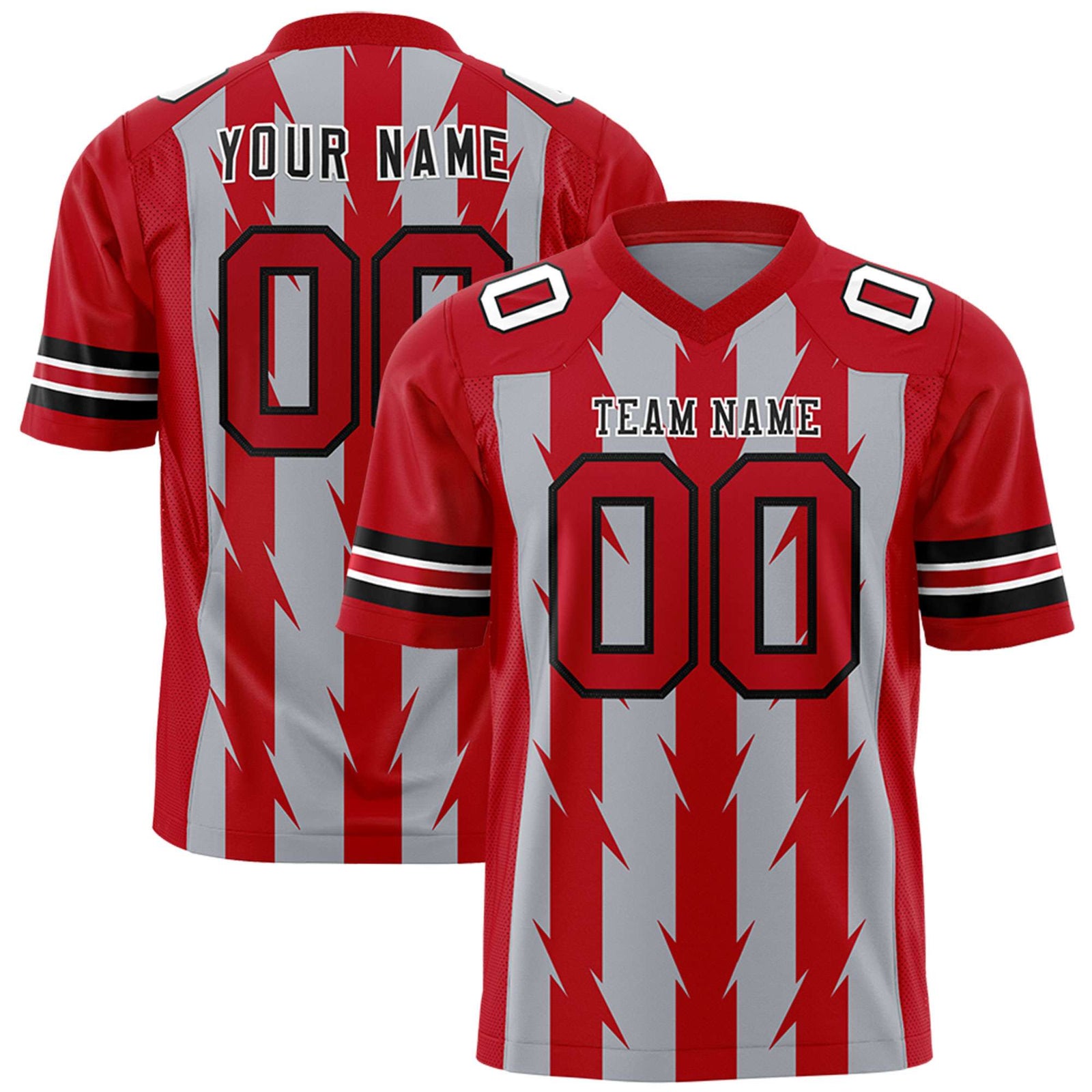 Custom Gray Red Personalized Razr Stripe Graffiti Pattern Flag Football Jersey