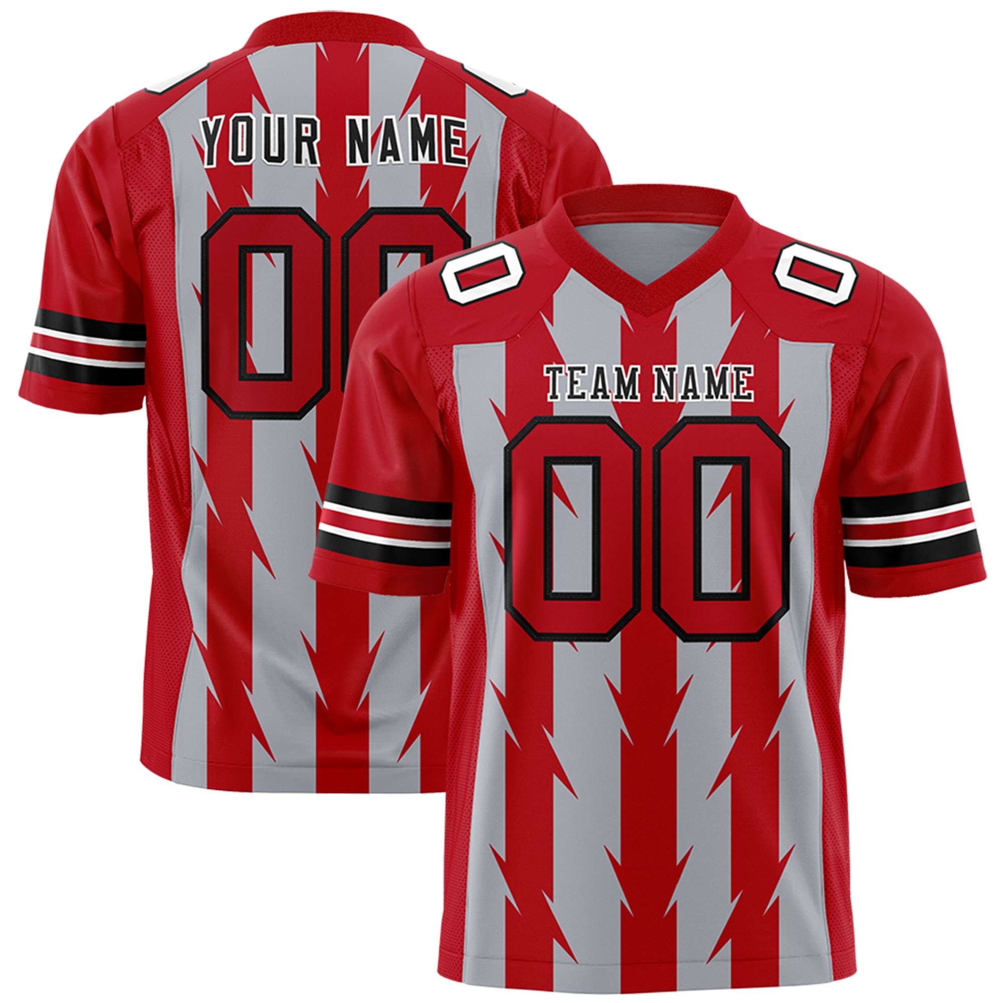 Custom Gray Red Personalized Razr Stripe Graffiti Pattern Flag Football Jersey