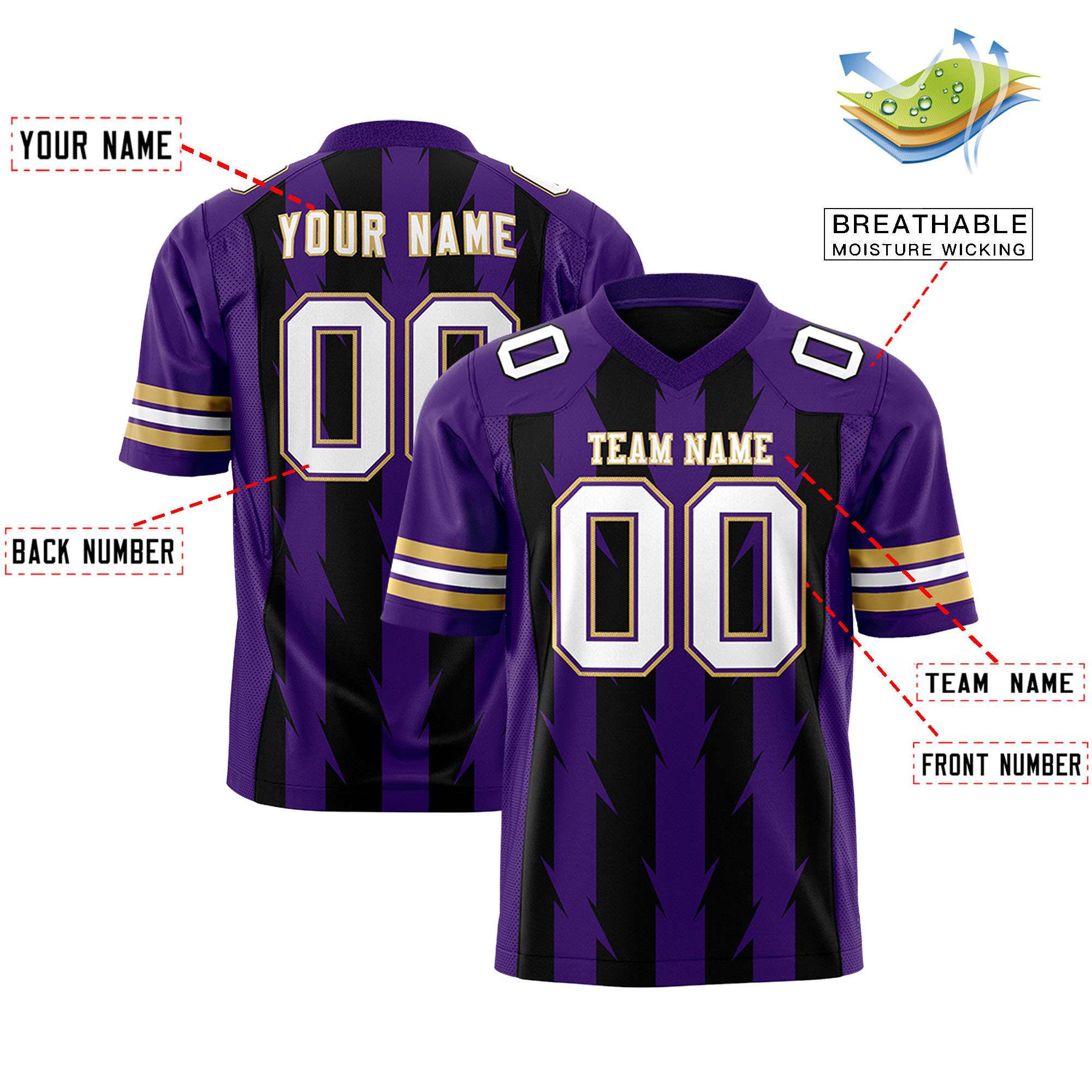 Custom Black Purple Personalized Razr Stripe Graffiti Pattern Flag Football Jersey