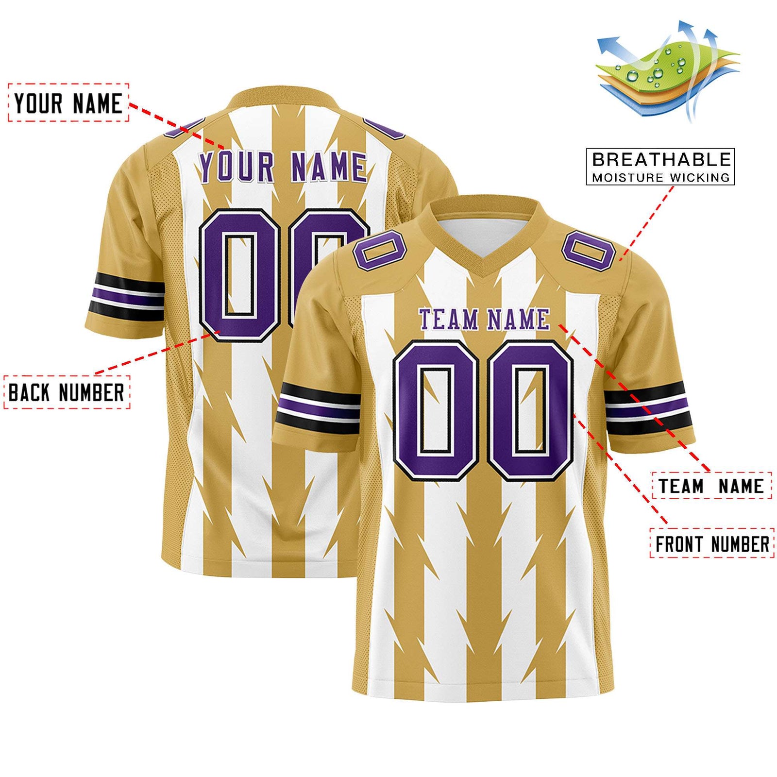 Custom White Old Gold Personalized Razr Stripe Graffiti Pattern Flag Football Jersey