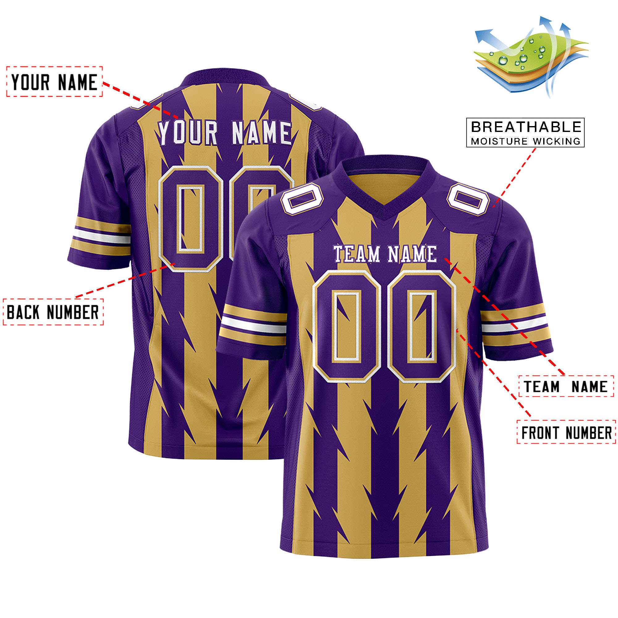 Custom Old Gold Purple Personalized Razr Stripe Graffiti Pattern Flag Football Jersey