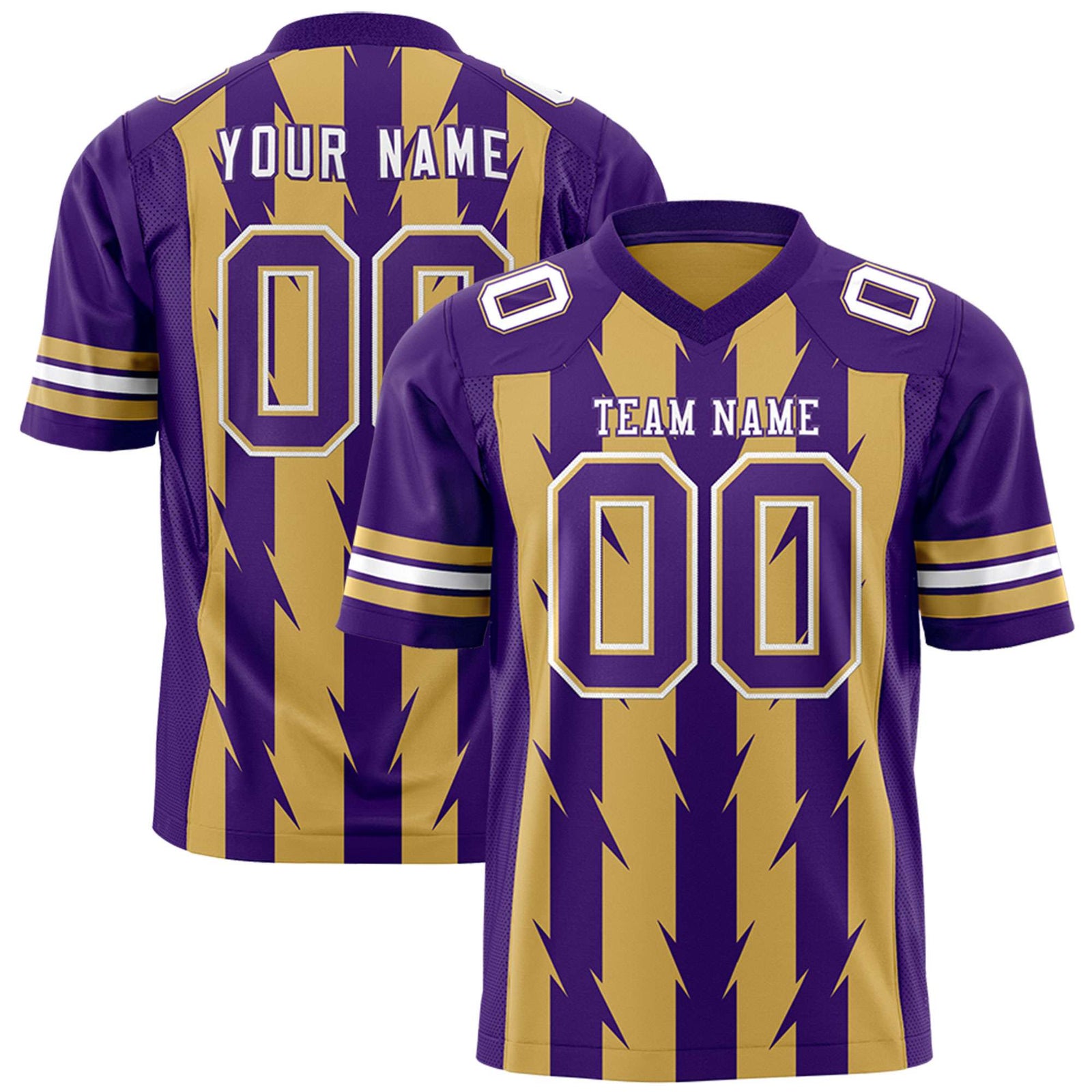 Custom Old Gold Purple Personalized Razr Stripe Graffiti Pattern Flag Football Jersey