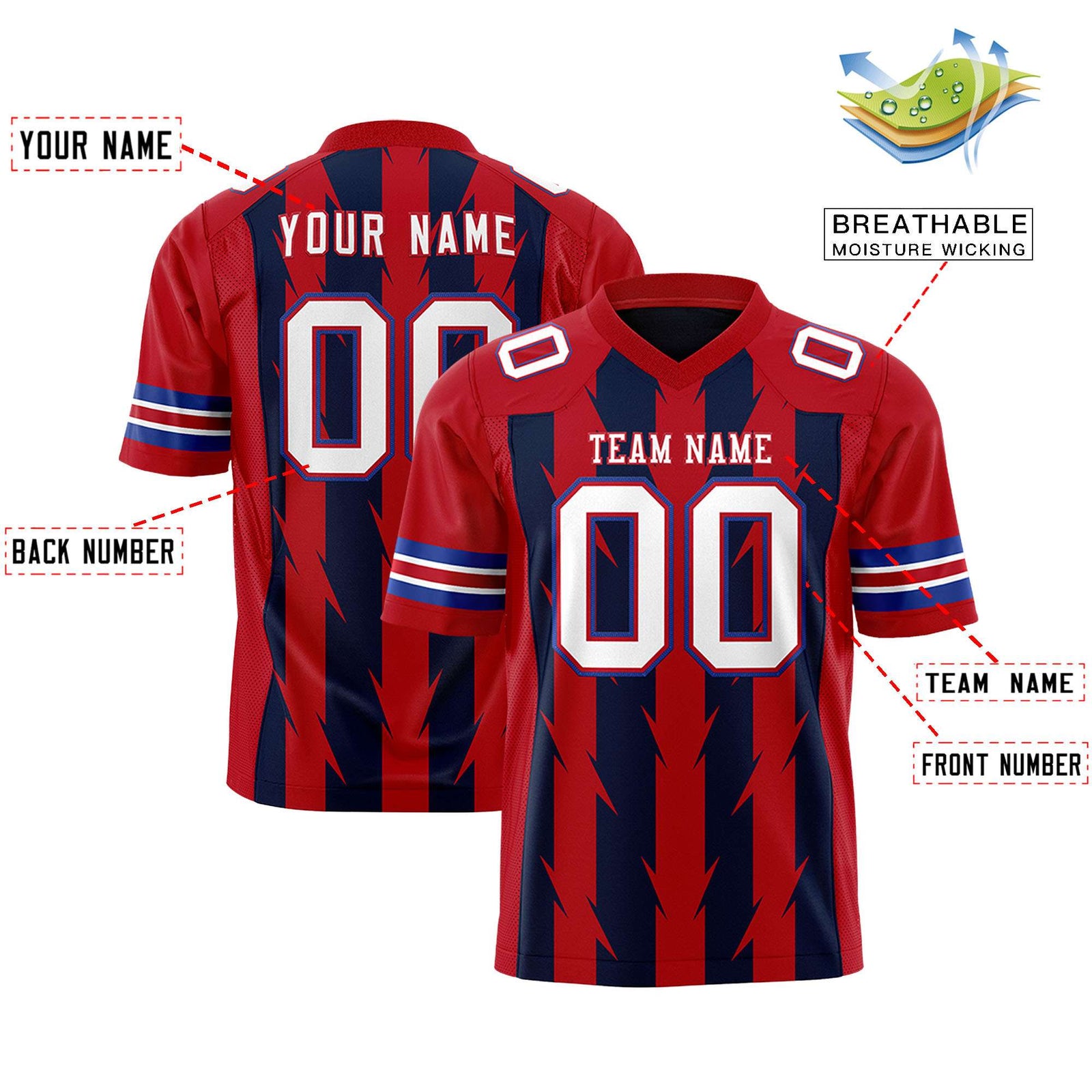 Custom Navy Red Personalized Razr Stripe Graffiti Pattern Flag Football Jersey