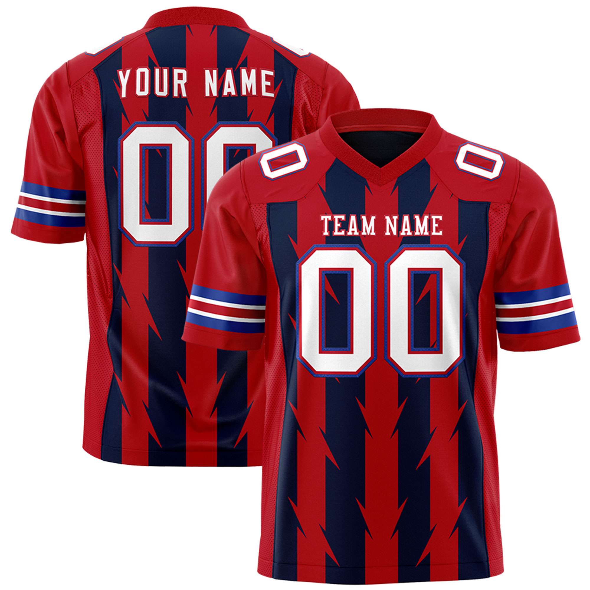 Custom Navy Red Personalized Razr Stripe Graffiti Pattern Flag Football Jersey
