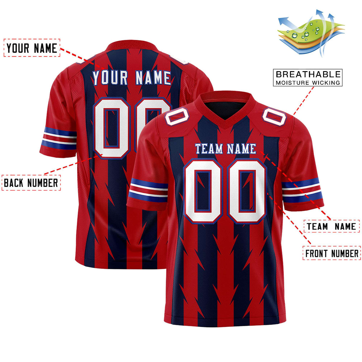 Custom Navy Red Personalized Razr Stripe Graffiti Pattern Flag Football Jersey