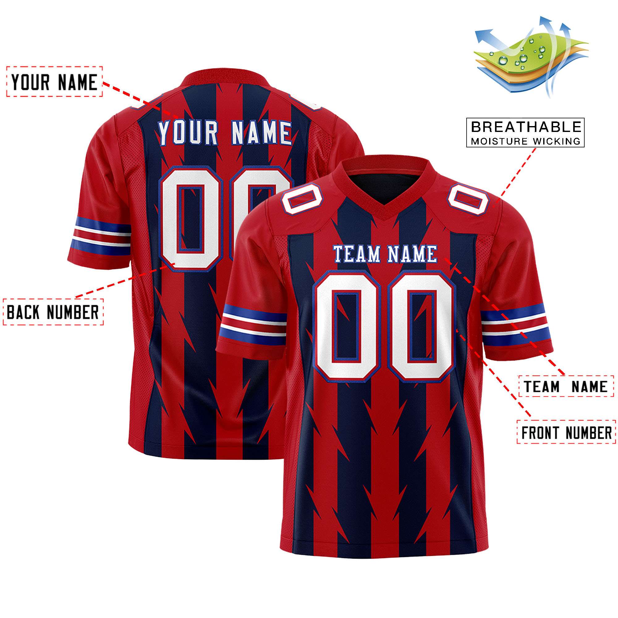 Custom Navy Red Personalized Razr Stripe Graffiti Pattern Flag Football Jersey