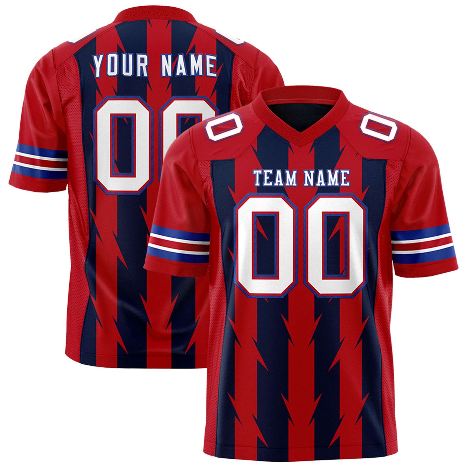 Custom Navy Red Personalized Razr Stripe Graffiti Pattern Flag Football Jersey