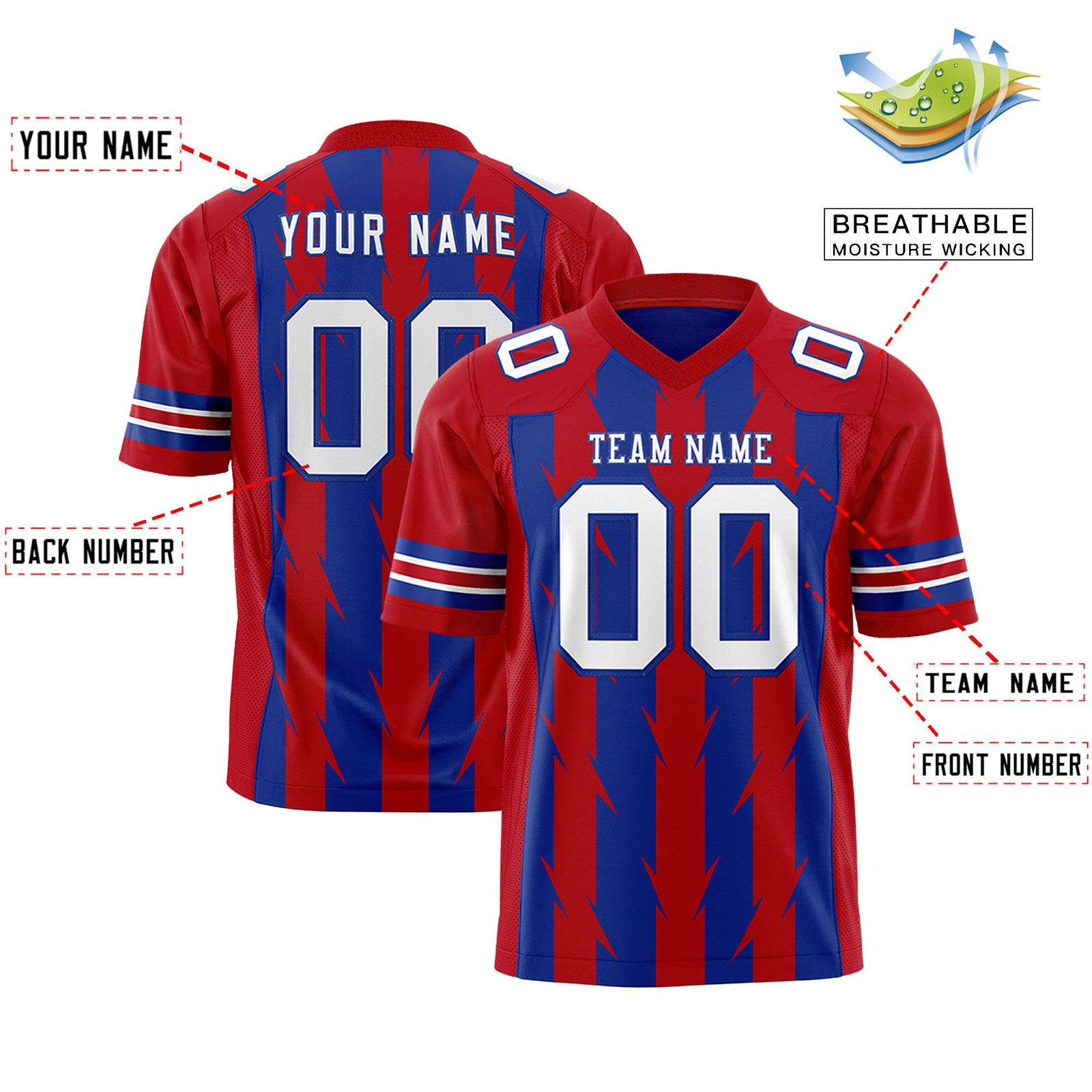 Custom Royal Red Personalized Razr Stripe Graffiti Pattern Flag Football Jersey