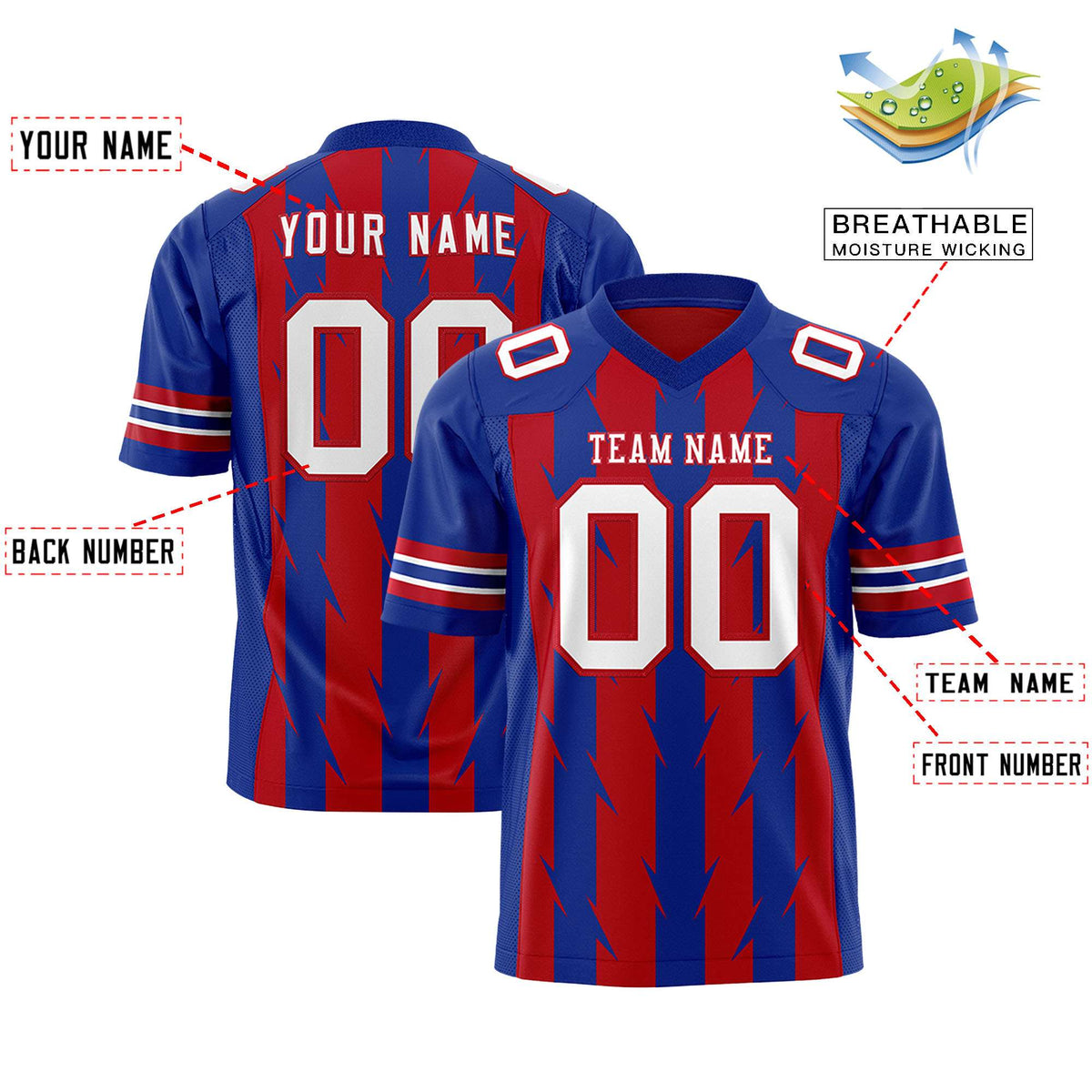 Custom Red Royal Personalized Razr Stripe Graffiti Pattern Flag Football Jersey