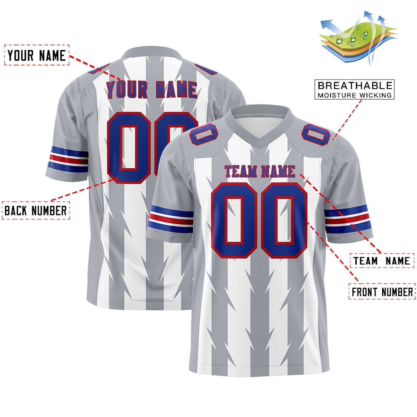 Custom White Gray Personalized Razr Stripe Graffiti Pattern Flag Football Jersey