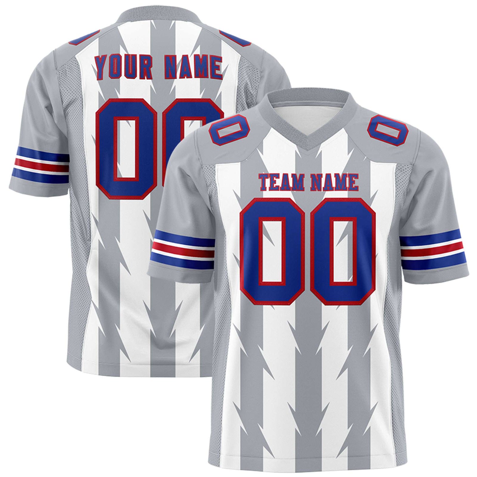 Custom White Gray Personalized Razr Stripe Graffiti Pattern Flag Football Jersey