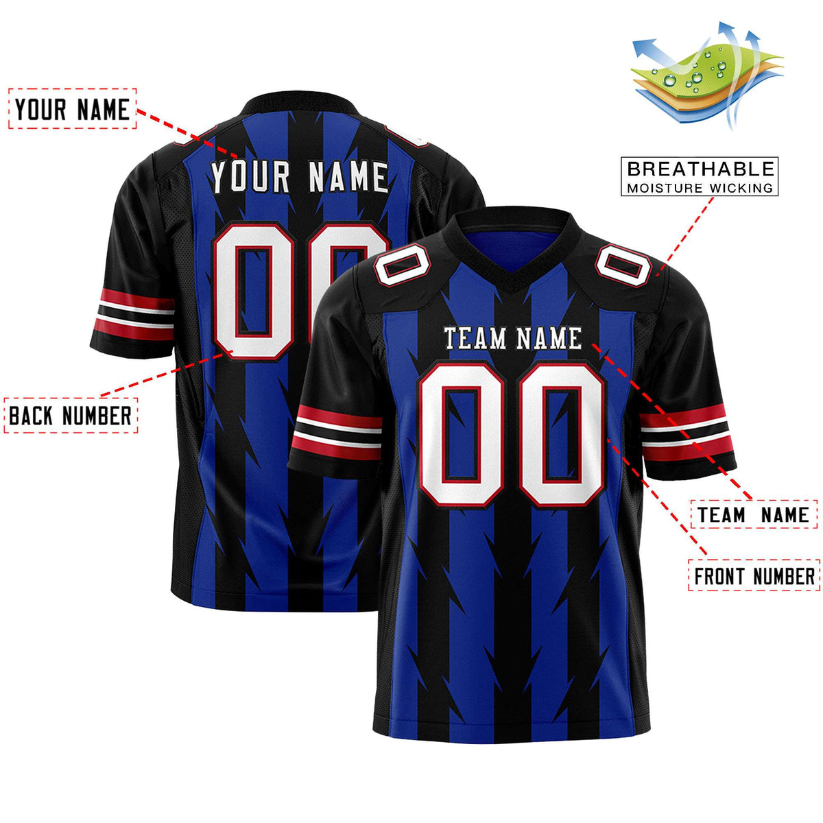 Custom Royal Black Personalized Razr Stripe Graffiti Pattern Flag Football Jersey