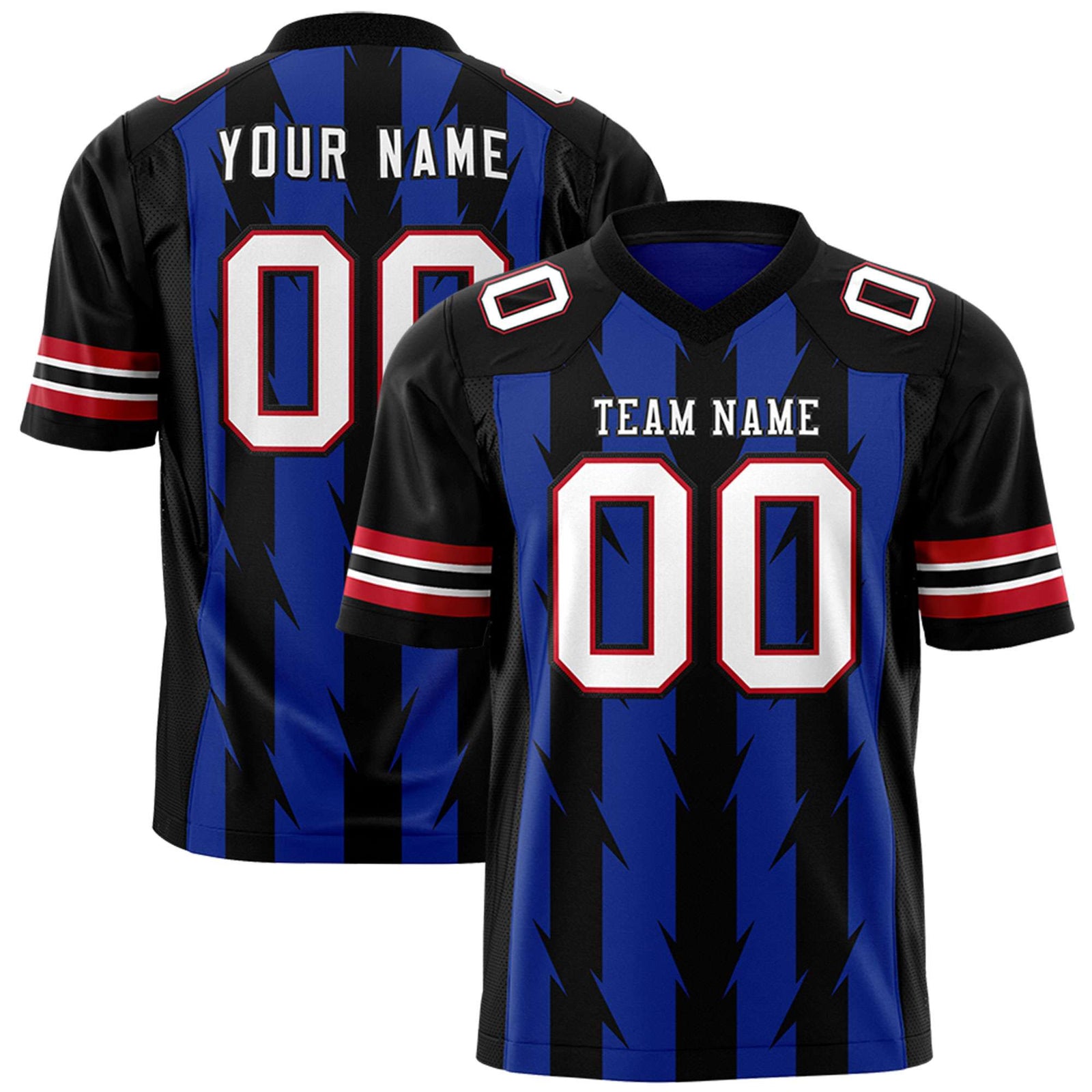 Custom Royal Black Personalized Razr Stripe Graffiti Pattern Flag Football Jersey