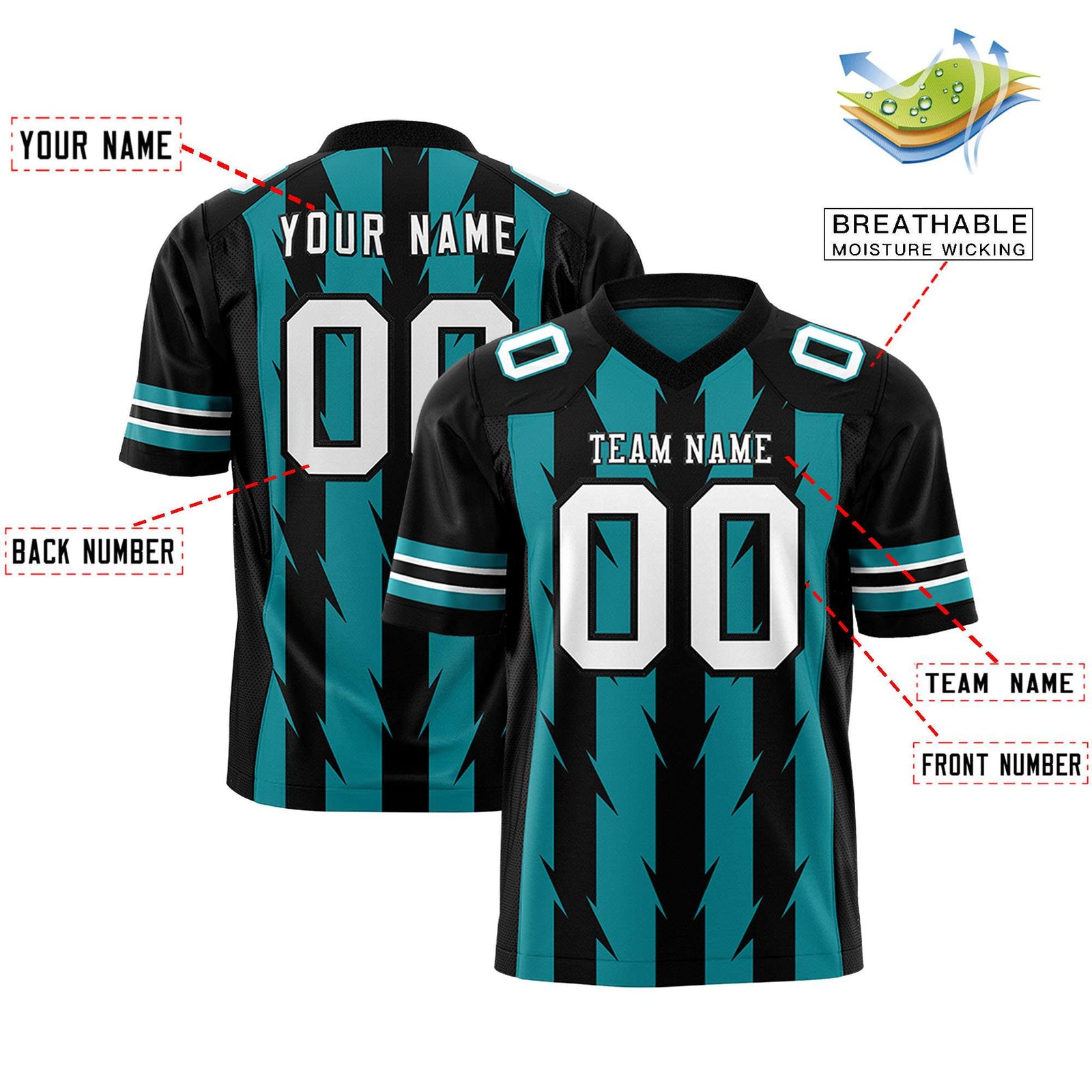 Custom Aqua Black Personalized Razr Stripe Graffiti Pattern Flag Football Jersey