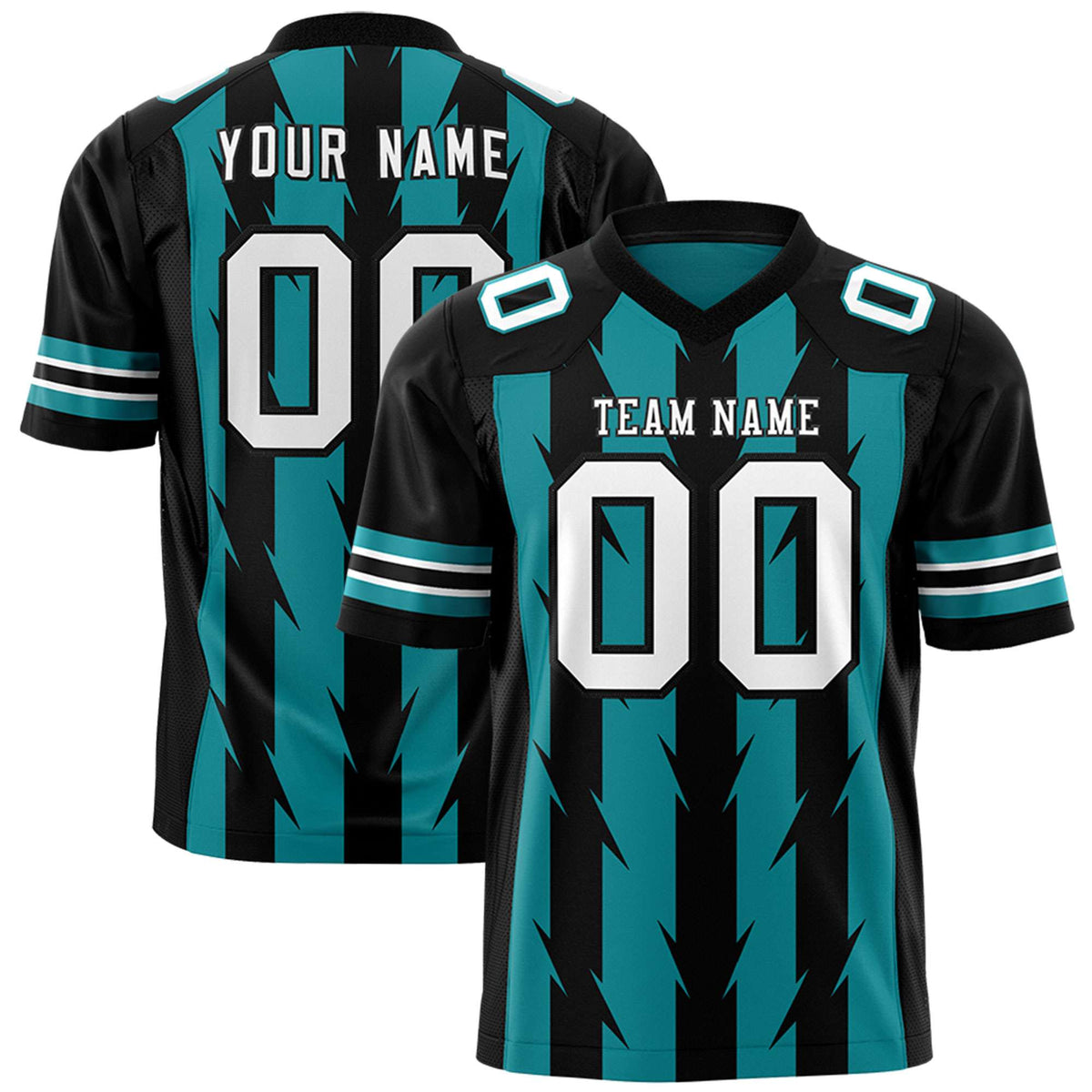 Custom Aqua Black Personalized Razr Stripe Graffiti Pattern Flag Football Jersey