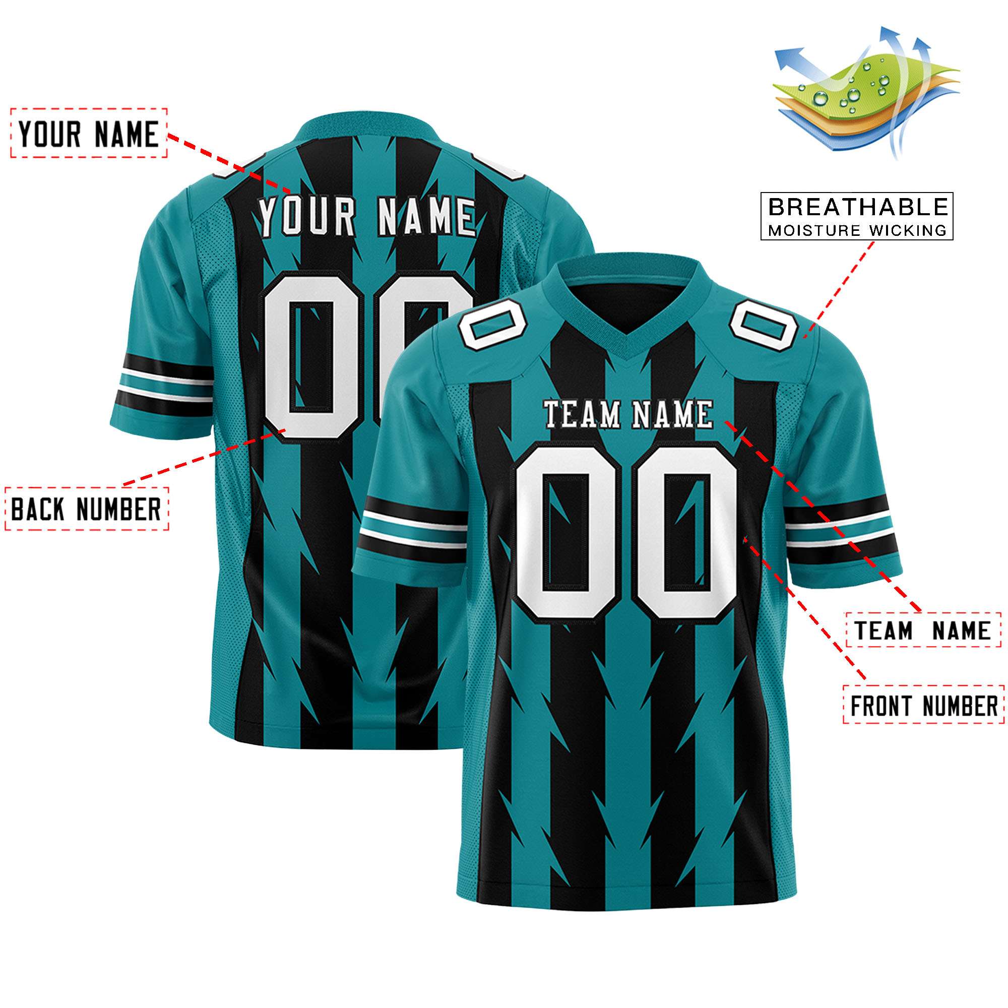 Custom Black Aqua Personalized Razr Stripe Graffiti Pattern Flag Football Jersey