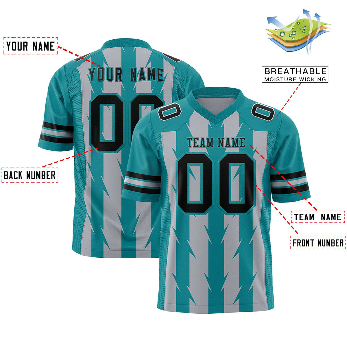 Custom Gray Aqua Personalized Razr Stripe Graffiti Pattern Flag Football Jersey