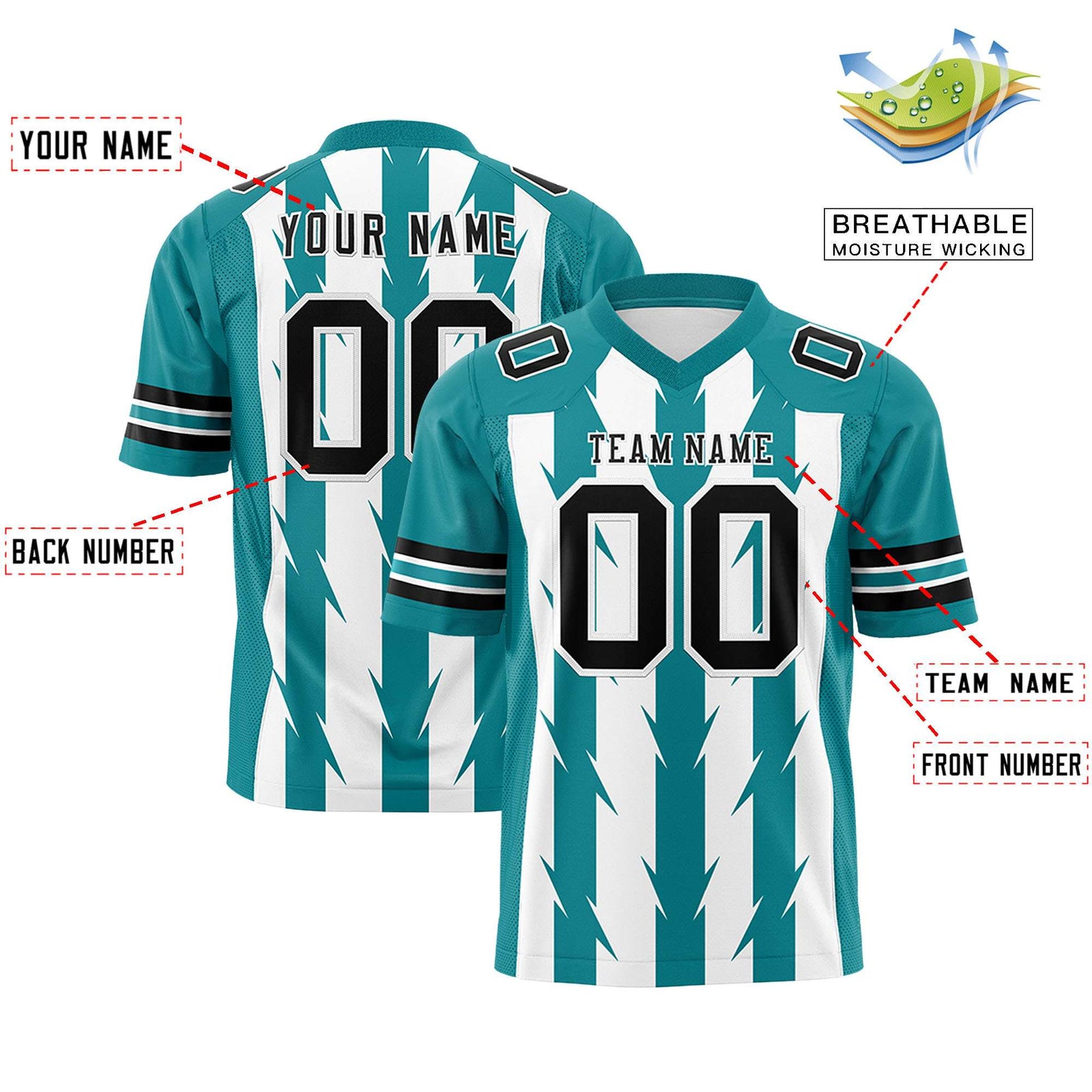 Custom White Aqua Personalized Razr Stripe Graffiti Pattern Flag Football Jersey