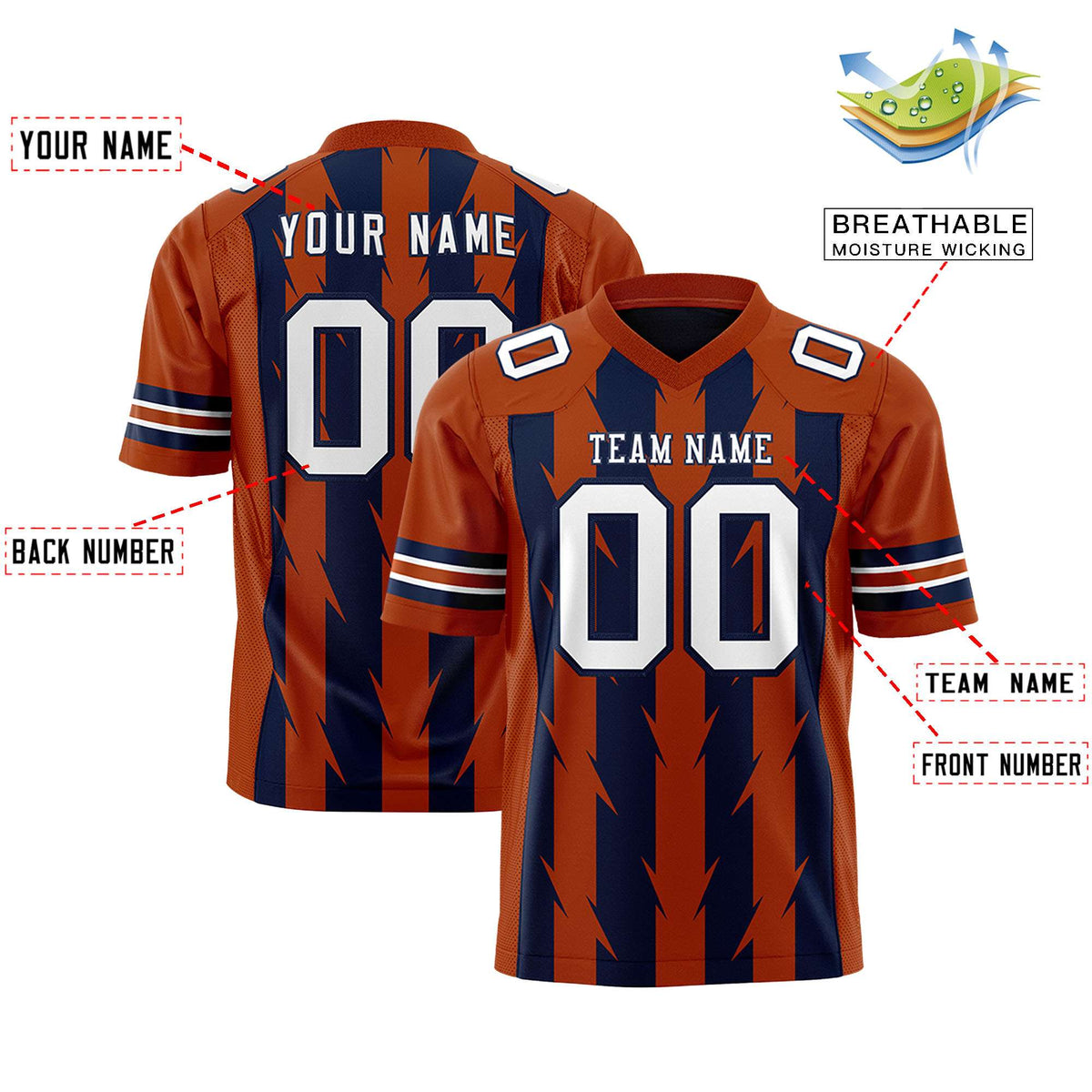 Custom Navy Texas Orange Personalized Razr Stripe Graffiti Pattern Flag Football Jersey