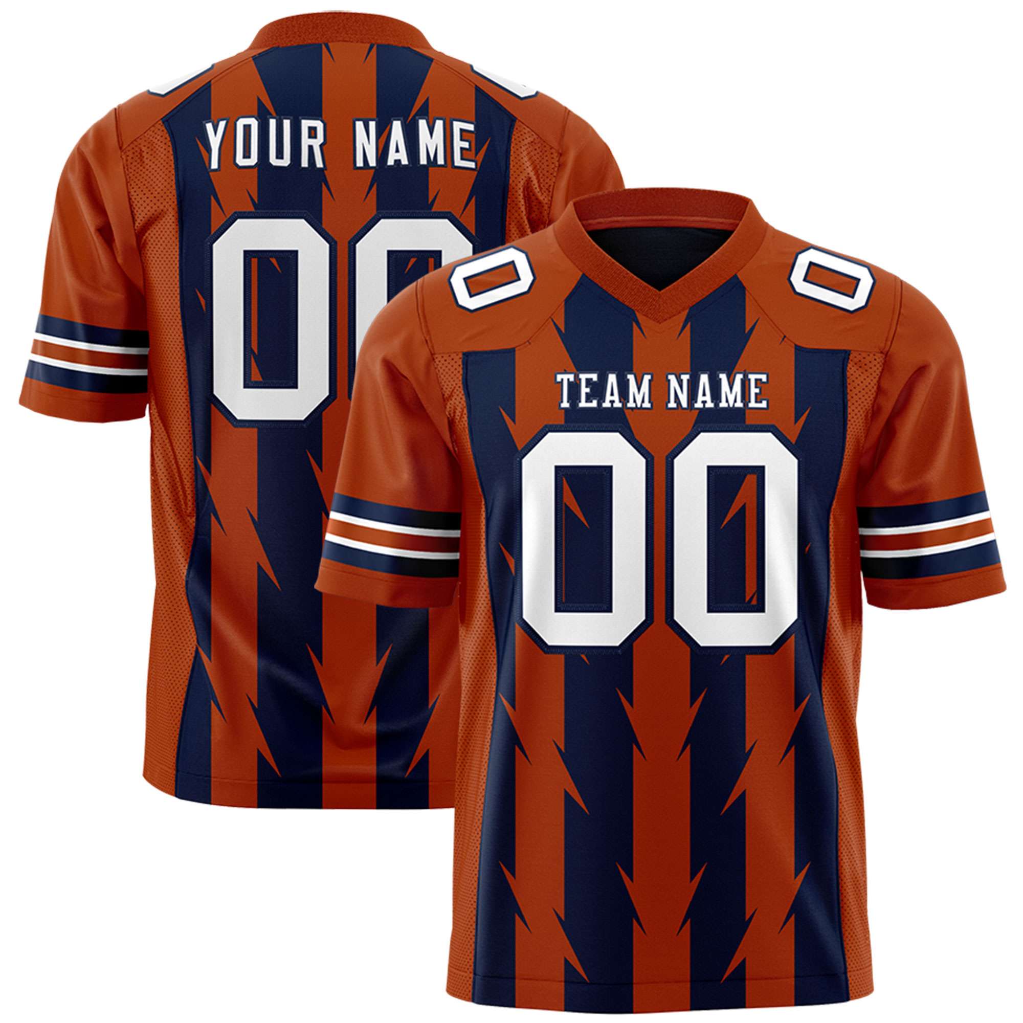 Custom Navy Texas Orange Personalized Razr Stripe Graffiti Pattern Flag Football Jersey