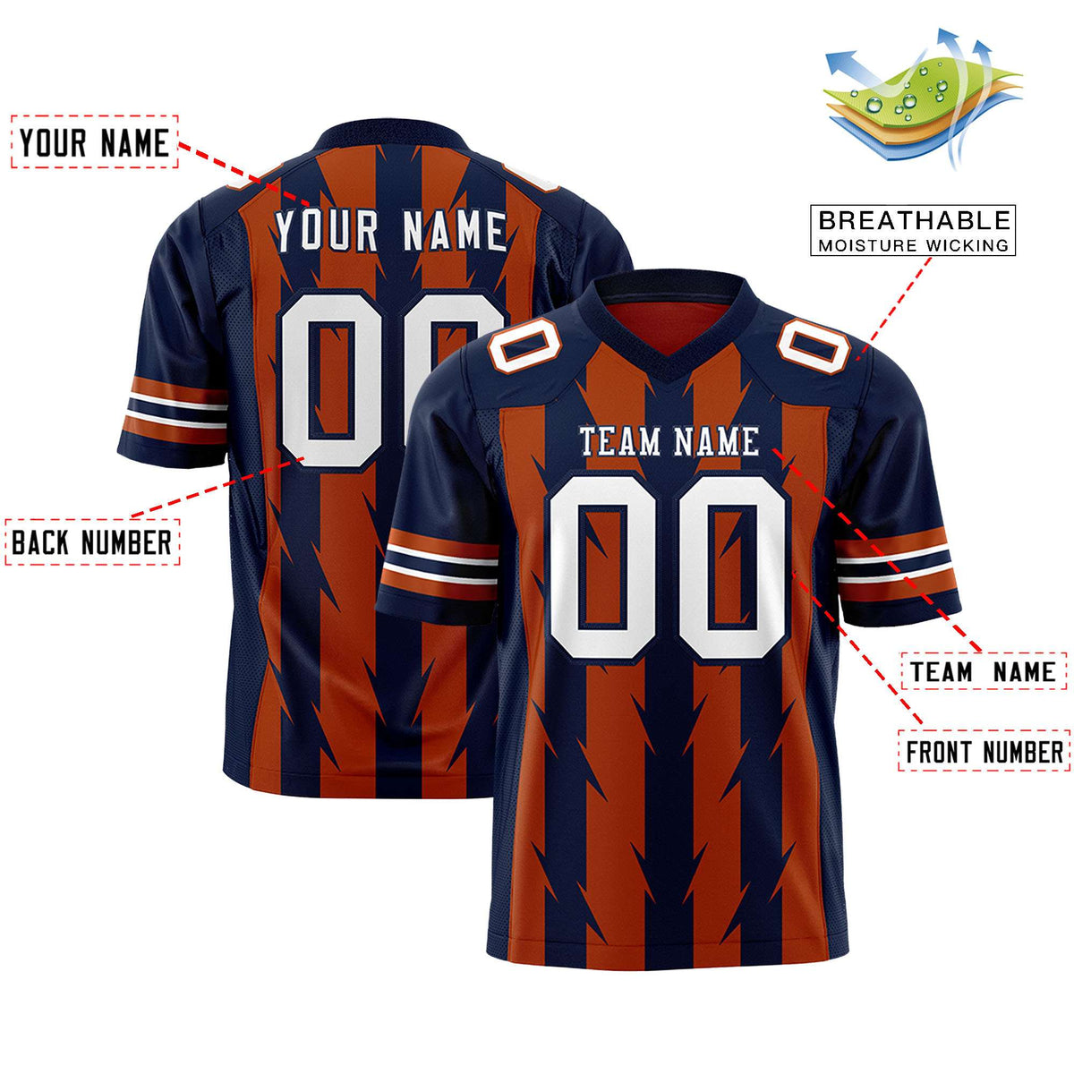 Custom Texas Orange Navy Personalized Razr Stripe Graffiti Pattern Flag Football Jersey