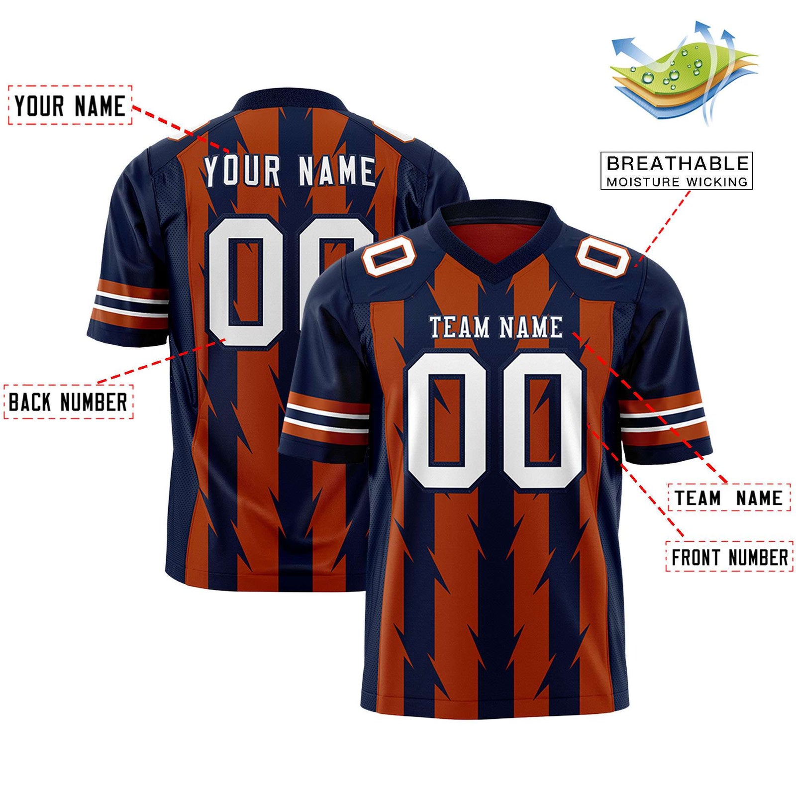 Custom Texas Orange Navy Personalized Razr Stripe Graffiti Pattern Flag Football Jersey