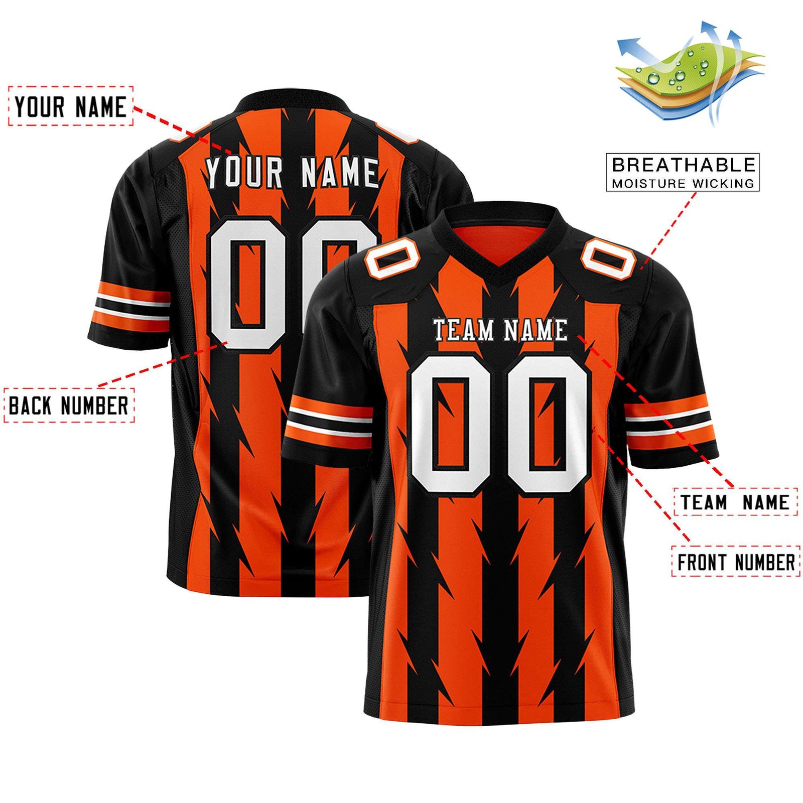 Custom Orange Black Personalized Razr Stripe Graffiti Pattern Flag Football Jersey