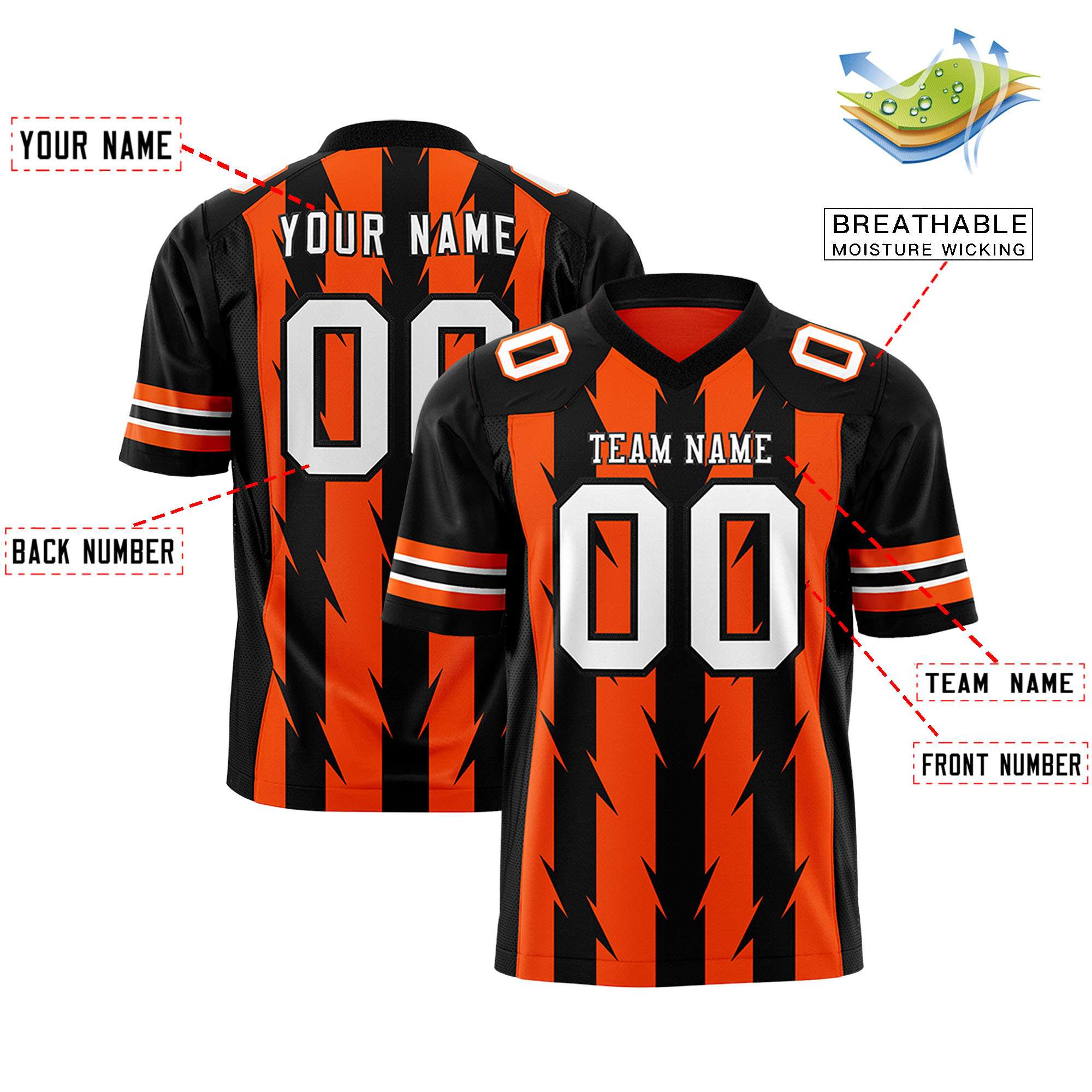 Custom Orange Black Personalized Razr Stripe Graffiti Pattern Flag Football Jersey