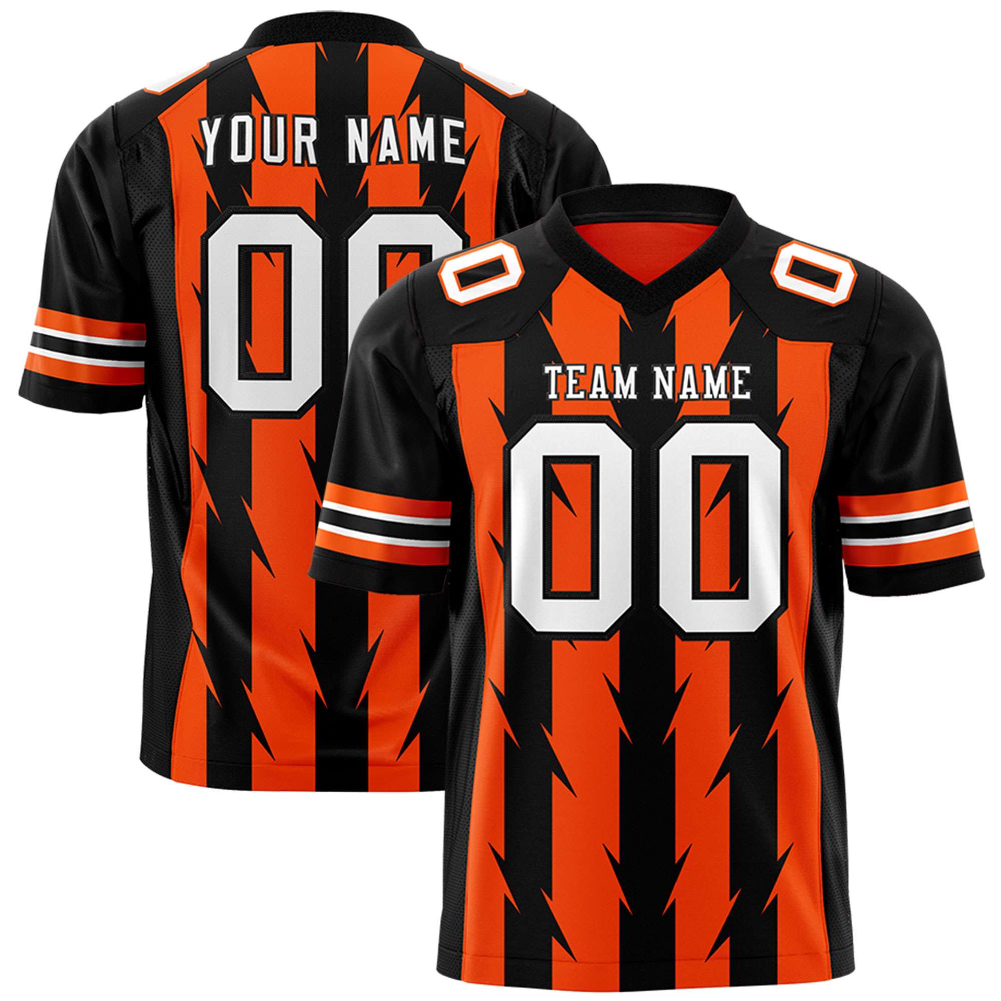 Custom Orange Black Personalized Razr Stripe Graffiti Pattern Flag Football Jersey