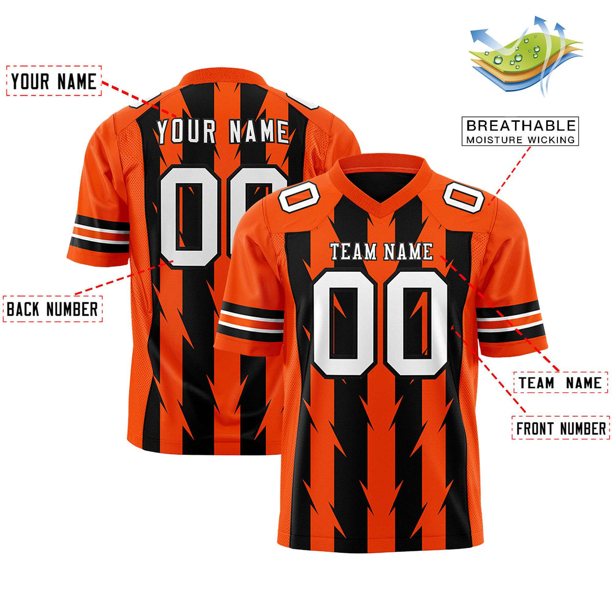 Custom Black Orange Personalized Razr Stripe Graffiti Pattern Flag Football Jersey
