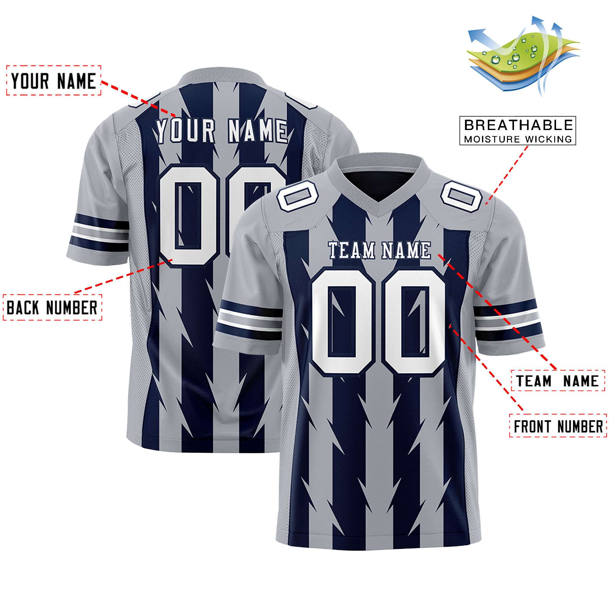 Custom Navy Gray Personalized Razr Stripe Graffiti Pattern Flag Football Jersey