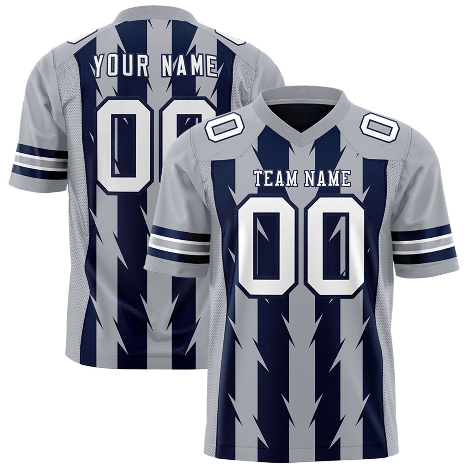 Custom Navy Gray Personalized Razr Stripe Graffiti Pattern Flag Football Jersey