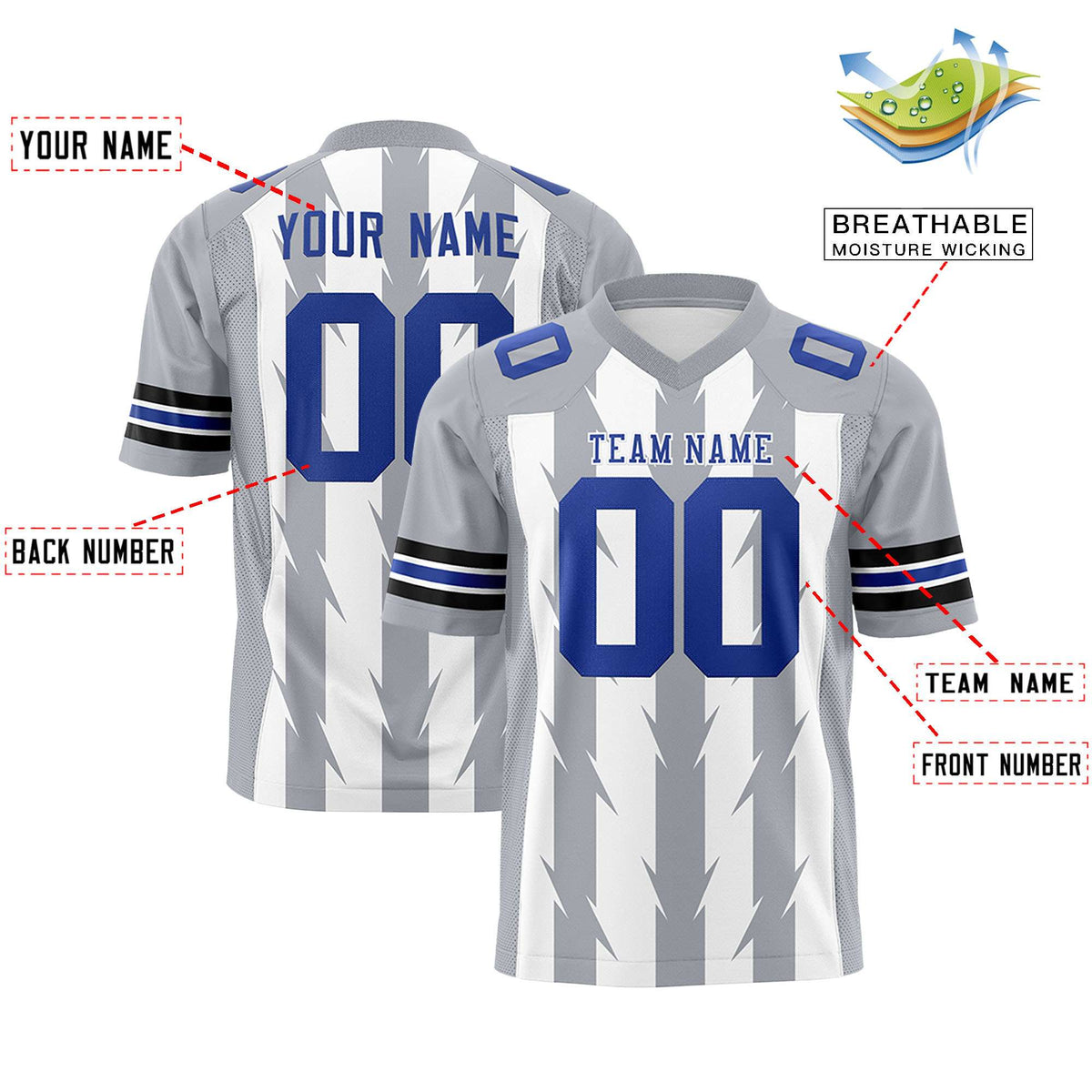 Custom White Gray Personalized Razr Stripe Graffiti Pattern Flag Football Jersey