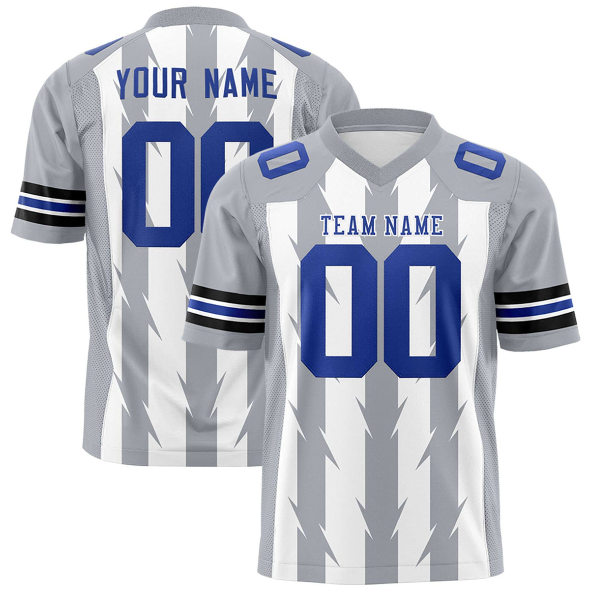 Custom White Gray Personalized Razr Stripe Graffiti Pattern Flag Football Jersey