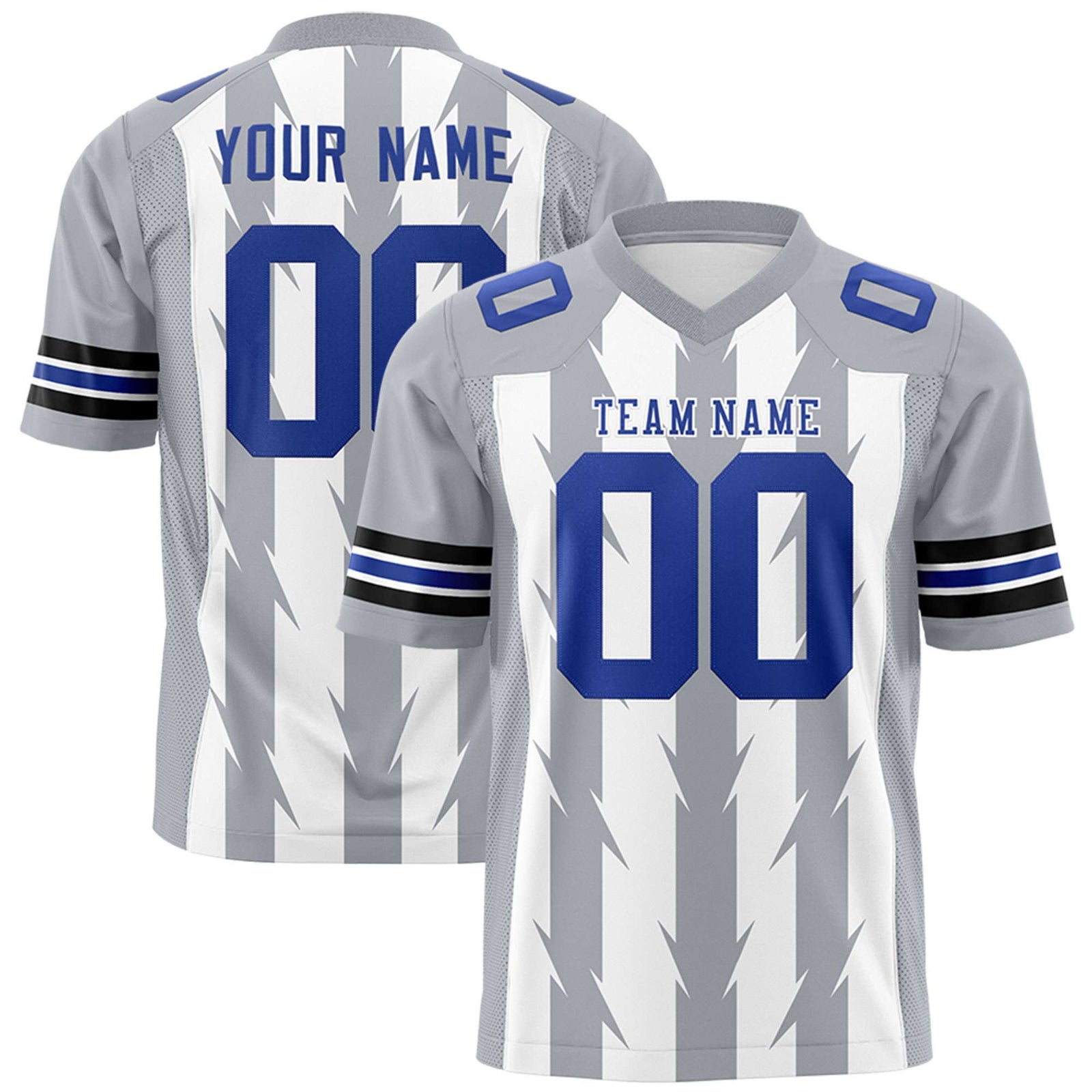 Custom White Gray Personalized Razr Stripe Graffiti Pattern Flag Football Jersey