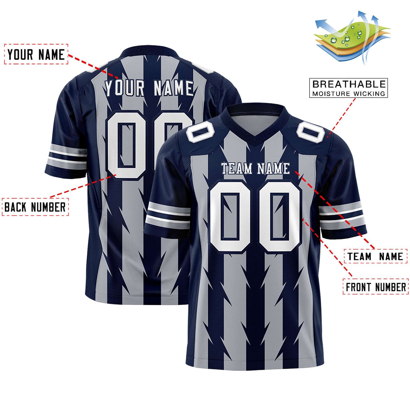 Custom Gray Navy Personalized Razr Stripe Graffiti Pattern Flag Football Jersey