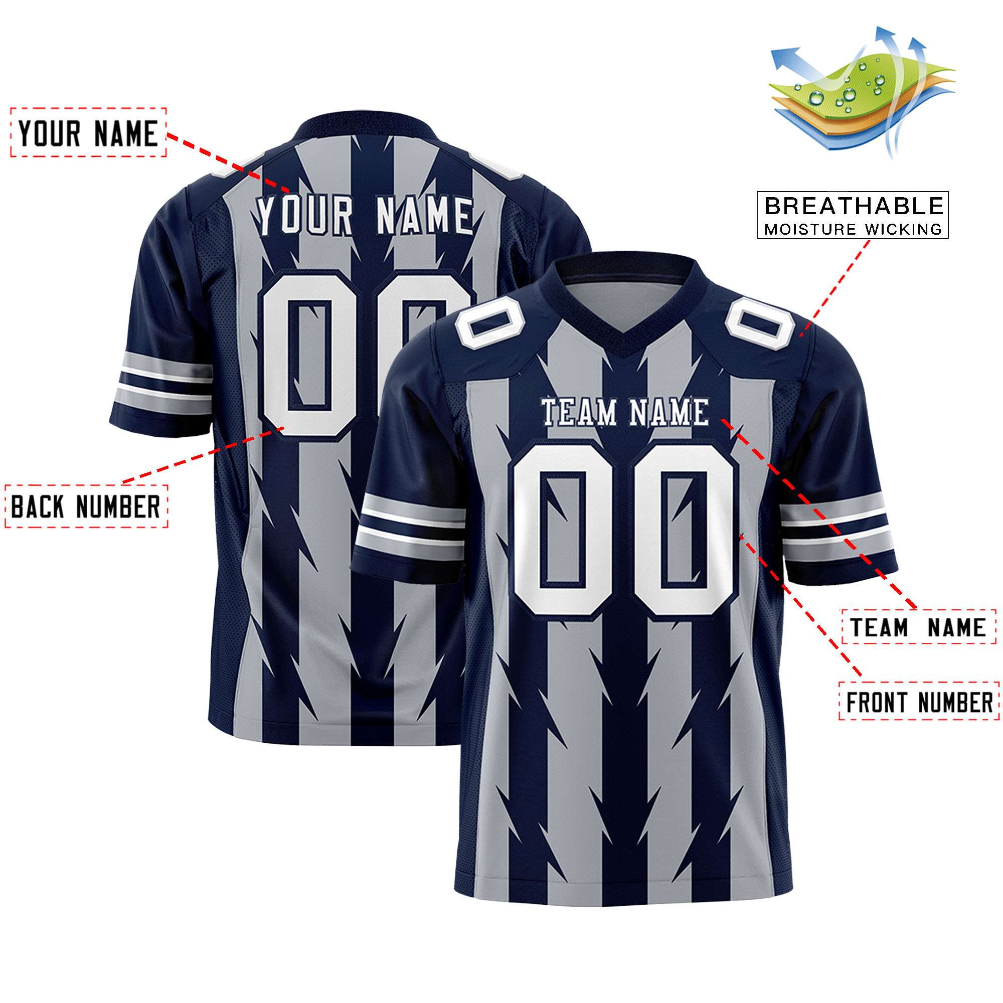 Custom Gray Navy Personalized Razr Stripe Graffiti Pattern Flag Football Jersey