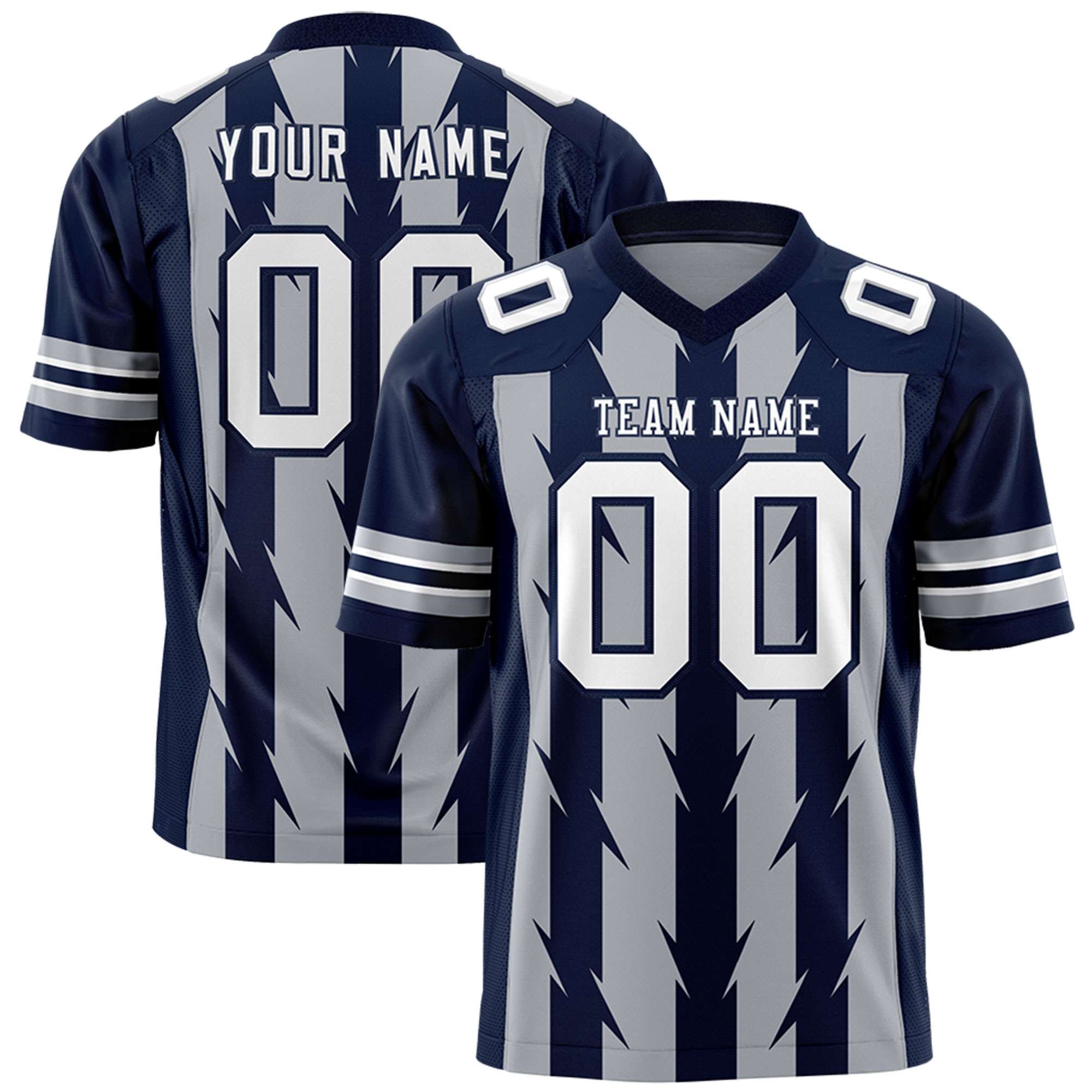 Custom Gray Navy Personalized Razr Stripe Graffiti Pattern Flag Football Jersey