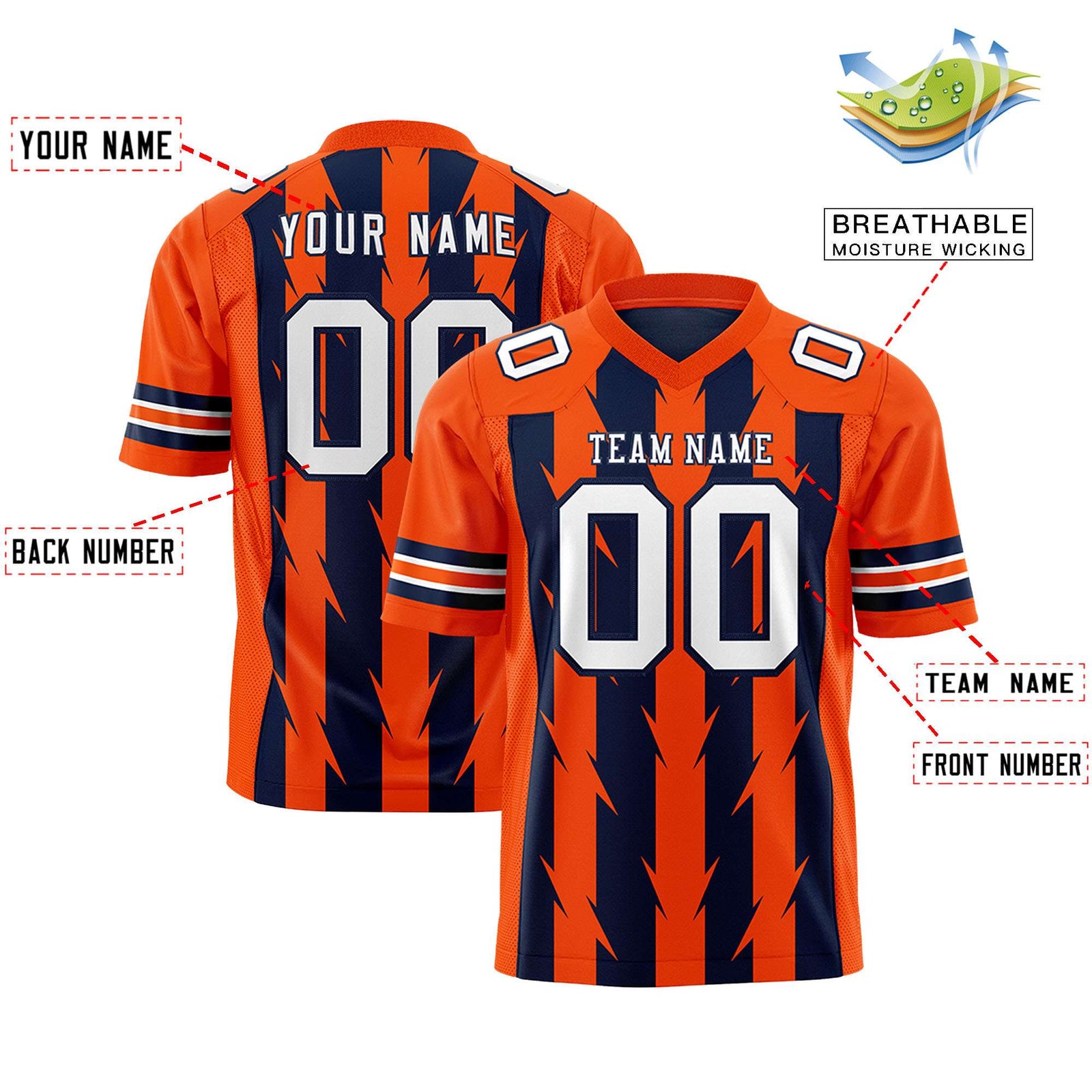 Custom Navy Orange Personalized Razr Stripe Graffiti Pattern Flag Football Jersey