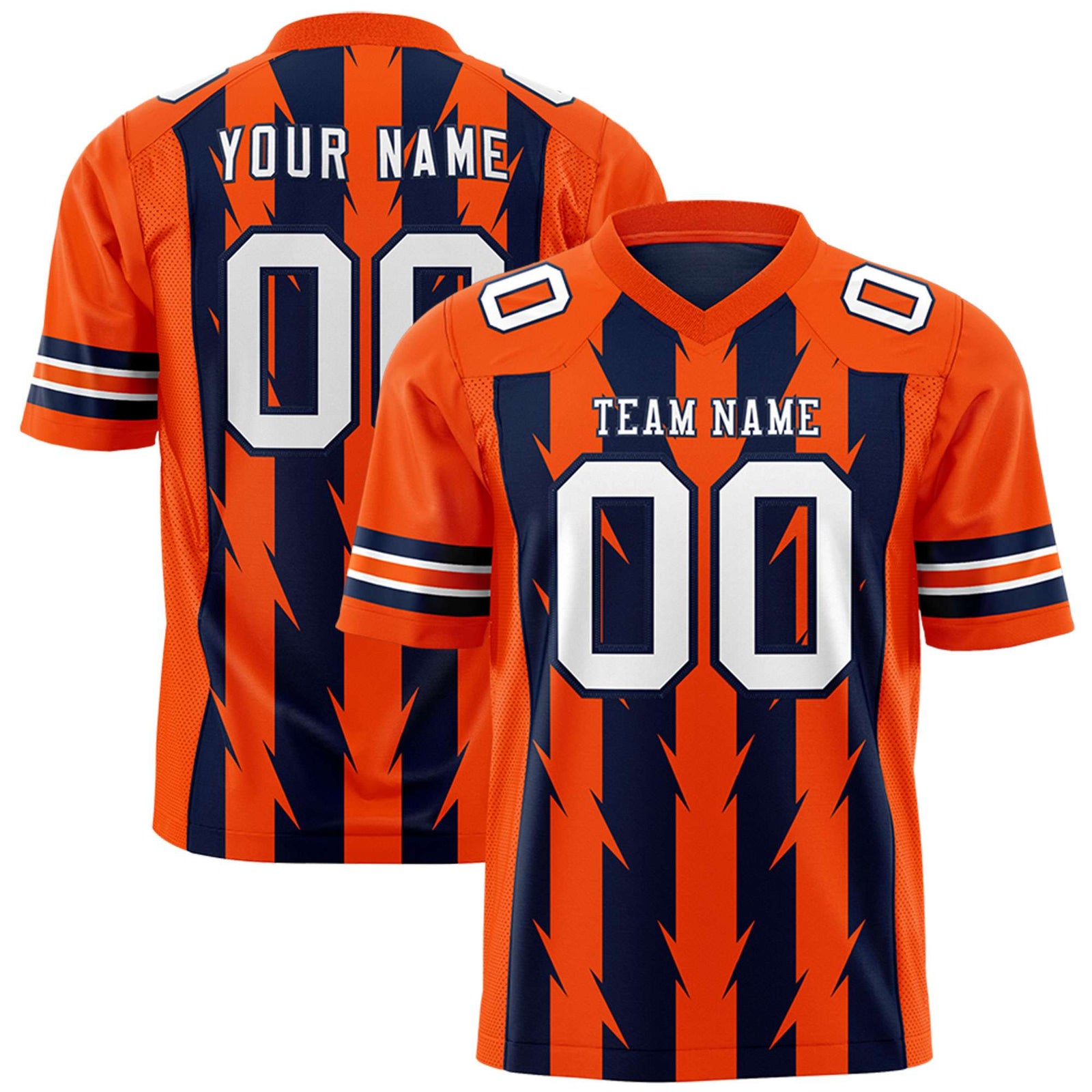 Custom Navy Orange Personalized Razr Stripe Graffiti Pattern Flag Football Jersey
