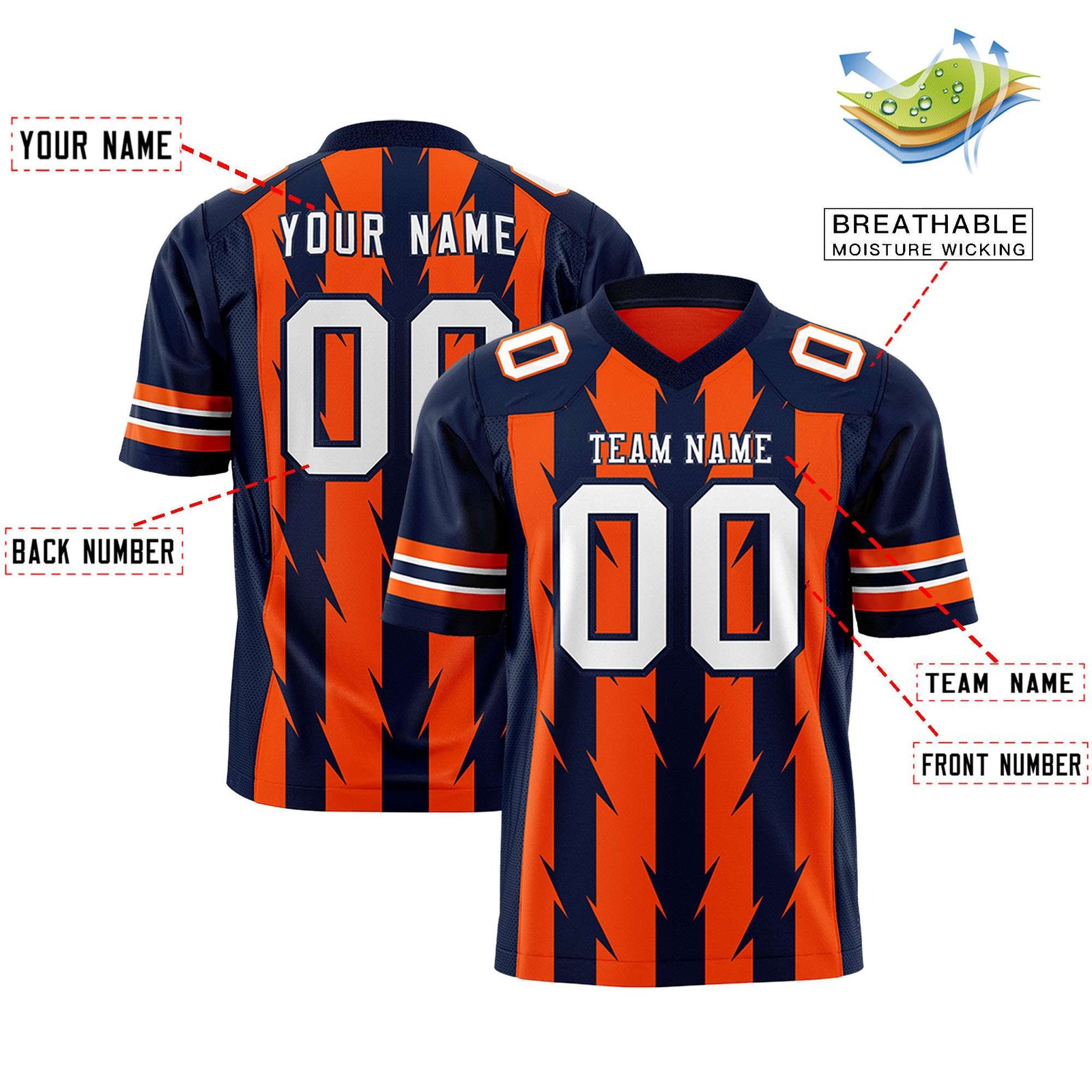 Custom Orange Navy Personalized Razr Stripe Graffiti Pattern Flag Football Jersey