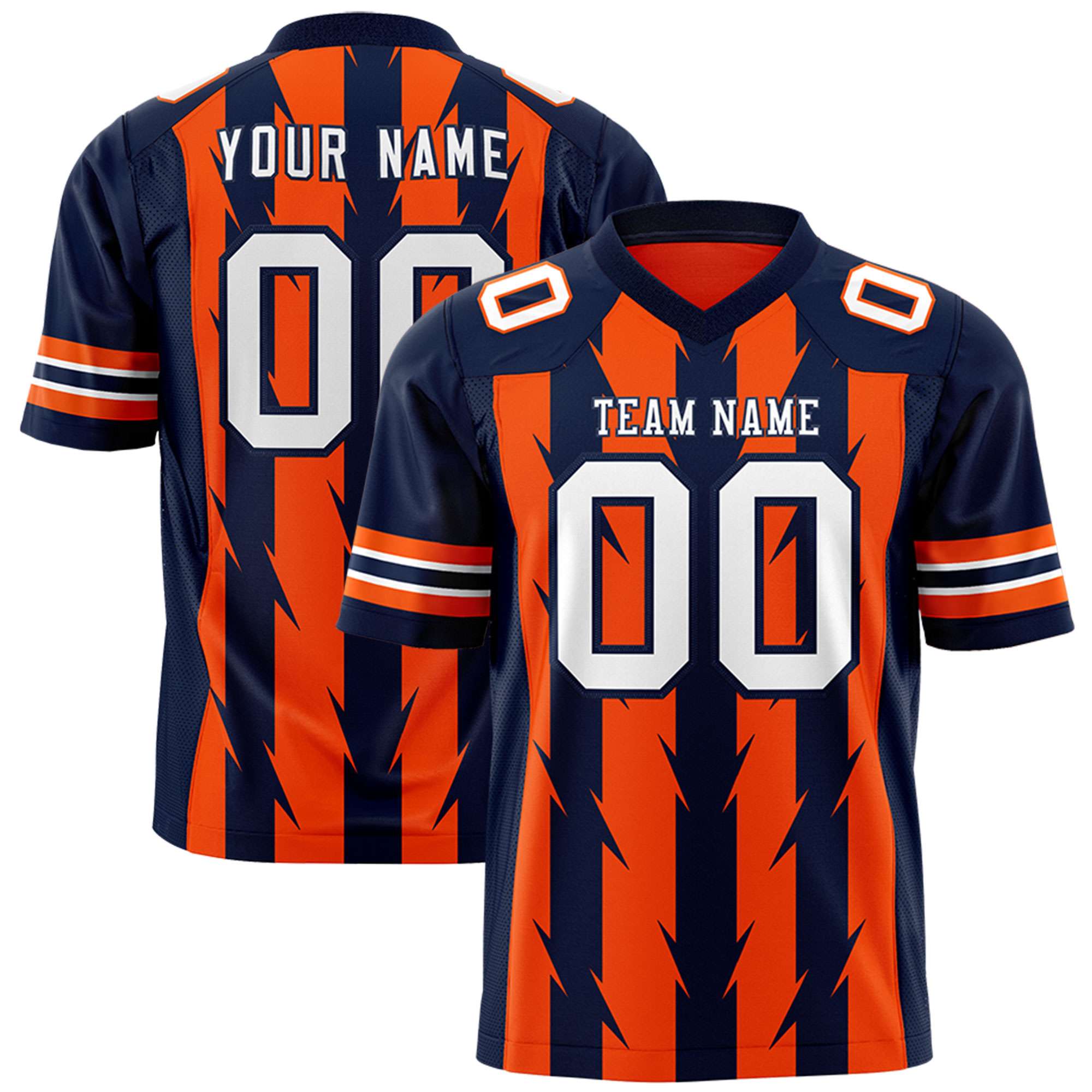 Custom Orange Navy Personalized Razr Stripe Graffiti Pattern Flag Football Jersey