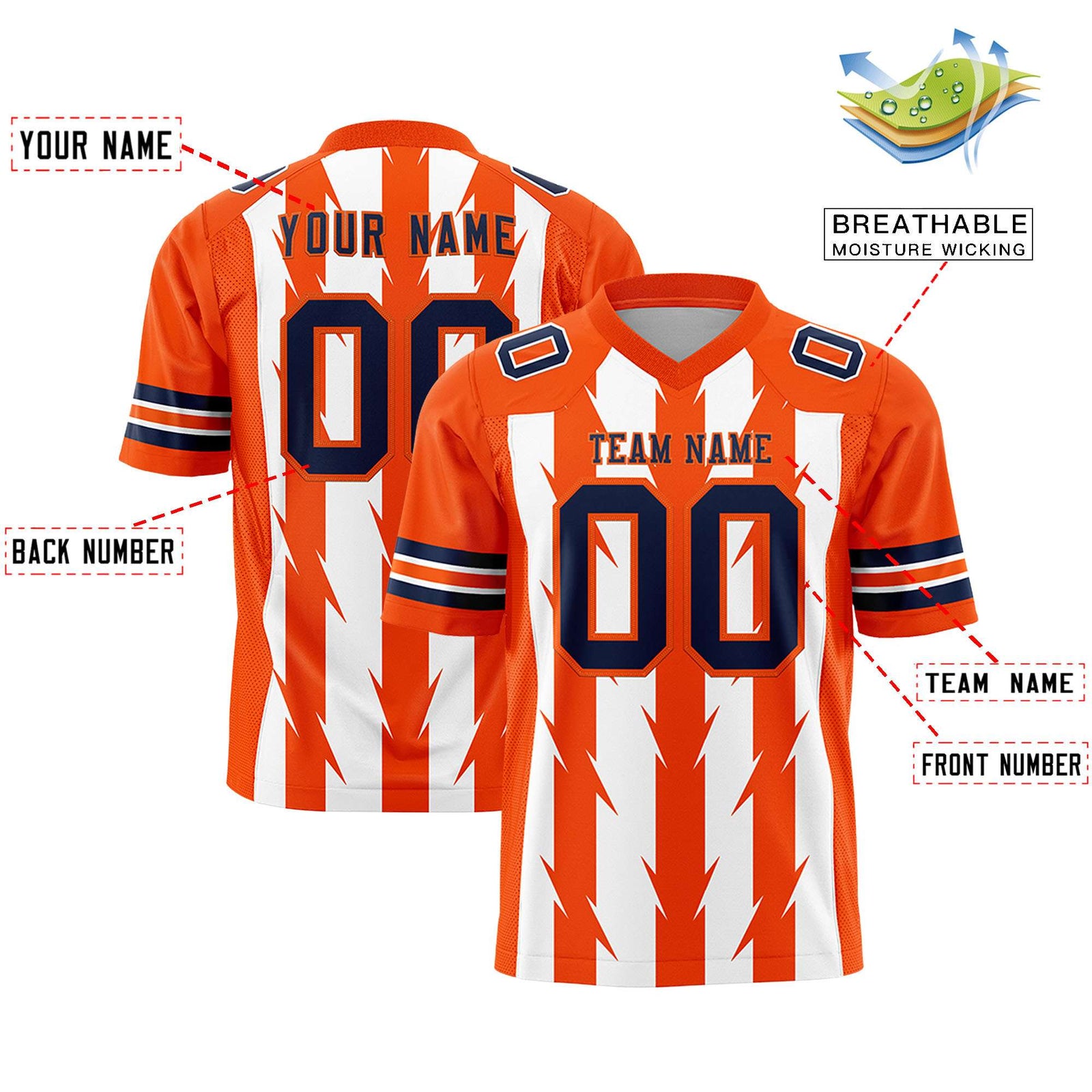 Custom White Orange Personalized Razr Stripe Graffiti Pattern Flag Football Jersey