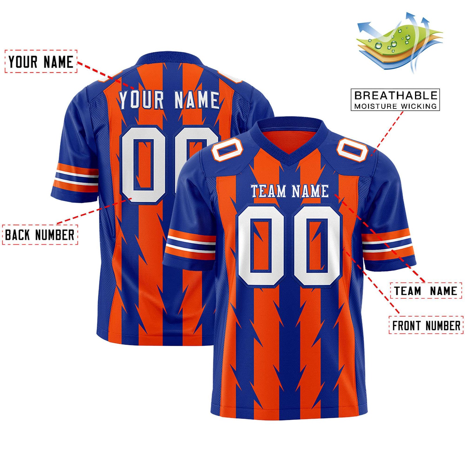 Custom Orange Royal Personalized Razr Stripe Graffiti Pattern Flag Football Jersey